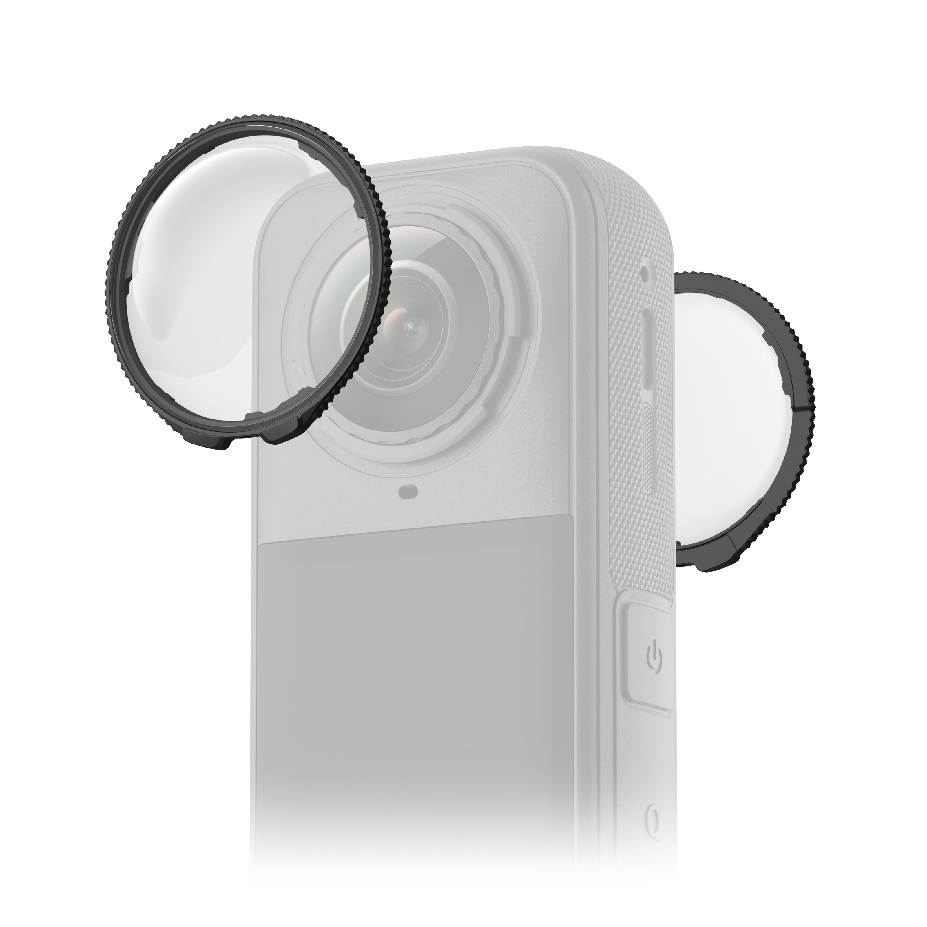 Graue Action-Kamera mit zwei Objektivfiltern. Die Kamera ist weiß mit schwarzem Objektivring. Weißer Hintergrund.