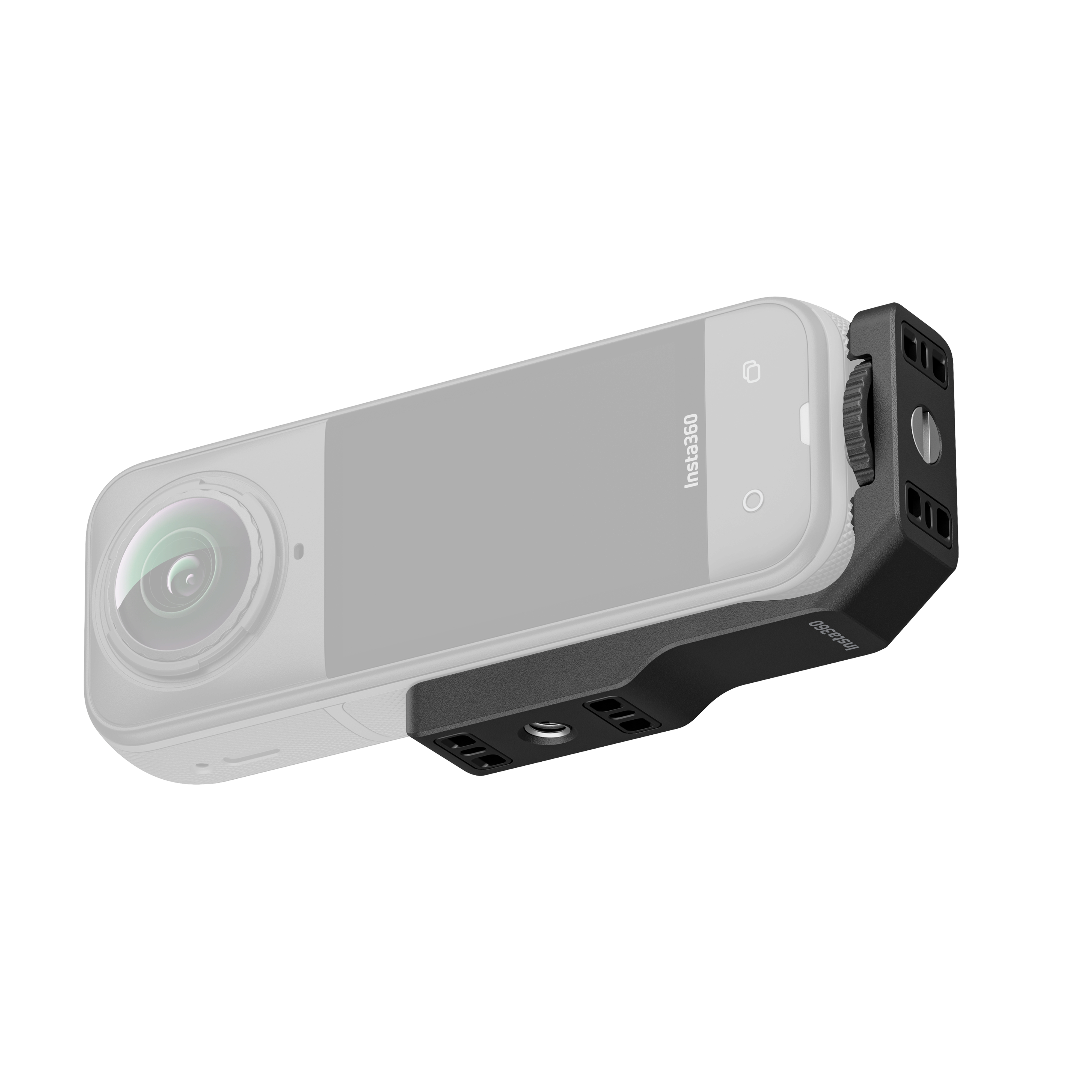 Insta360-Kamera an schwarzem Zubehör befestigt. Die Kamera hat ein Objektiv und ist grau. Der Hintergrund ist weiß.