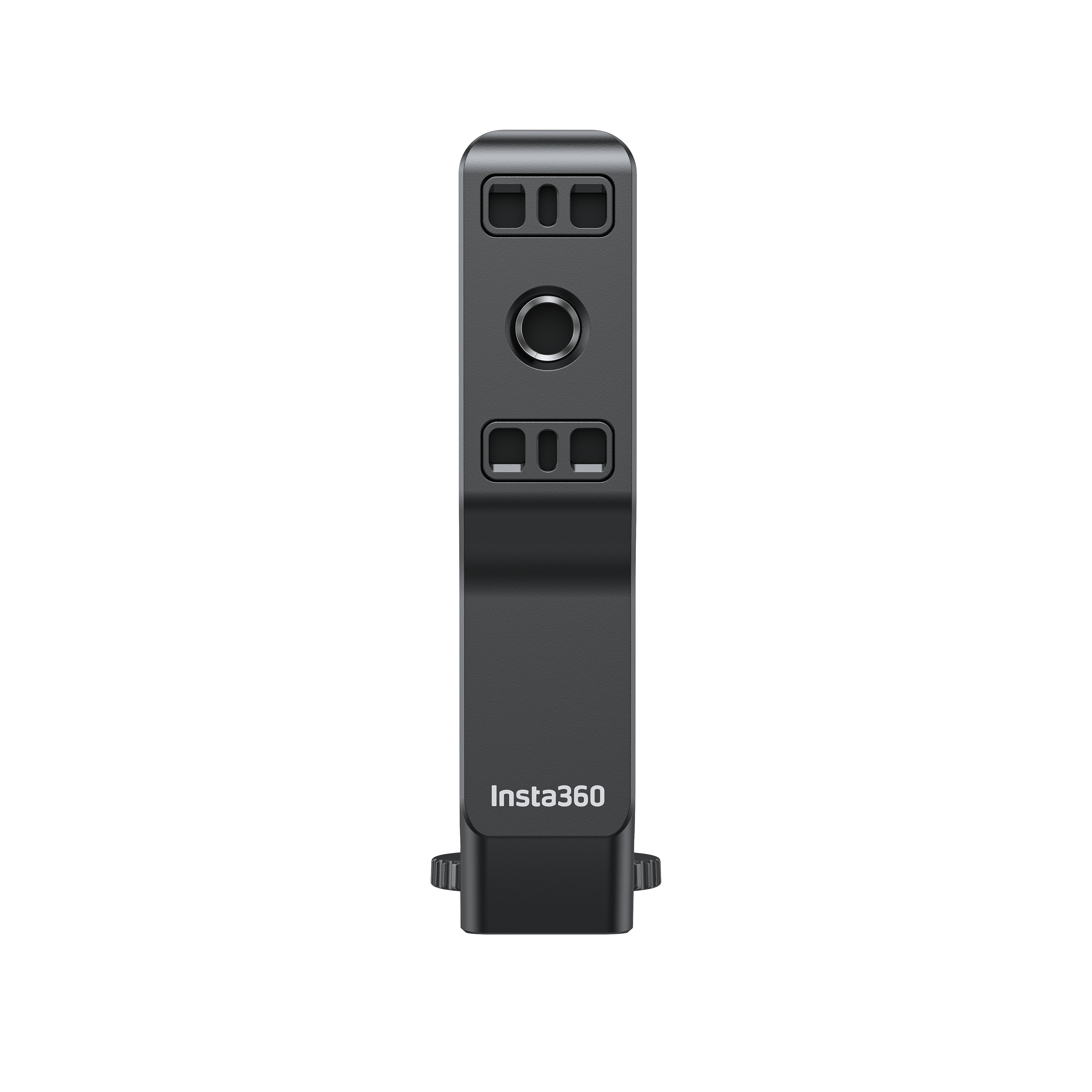 Ein schwarzes Insta360-Gerät. Es hat eine rechteckige Form mit Knöpfen und dem Markennamen auf weißem Hintergrund.