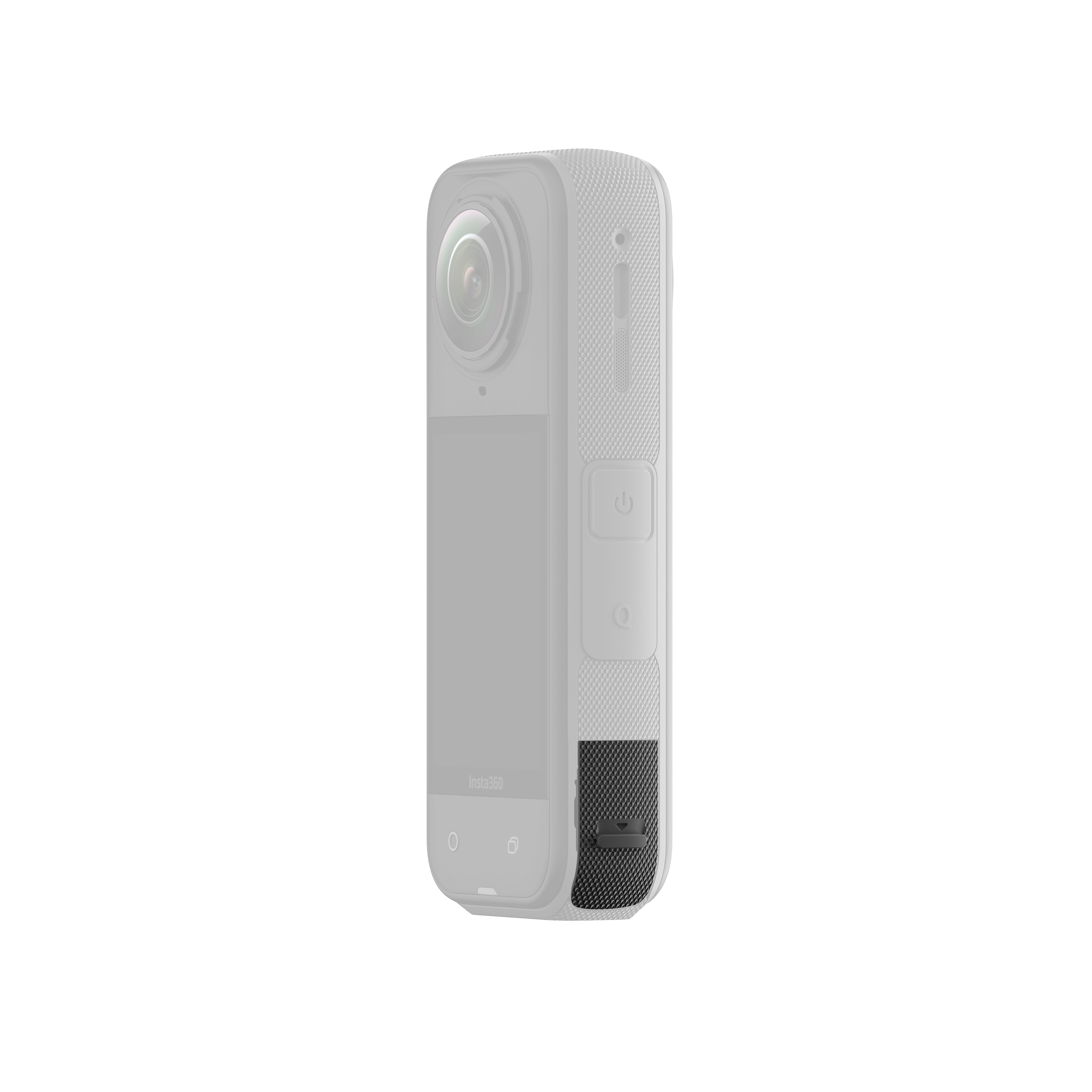Eine graue Action-Kamera, Insta360, mit Objektiv, Bildschirm, Knöpfen und einem schwarzen strukturierten Panel.