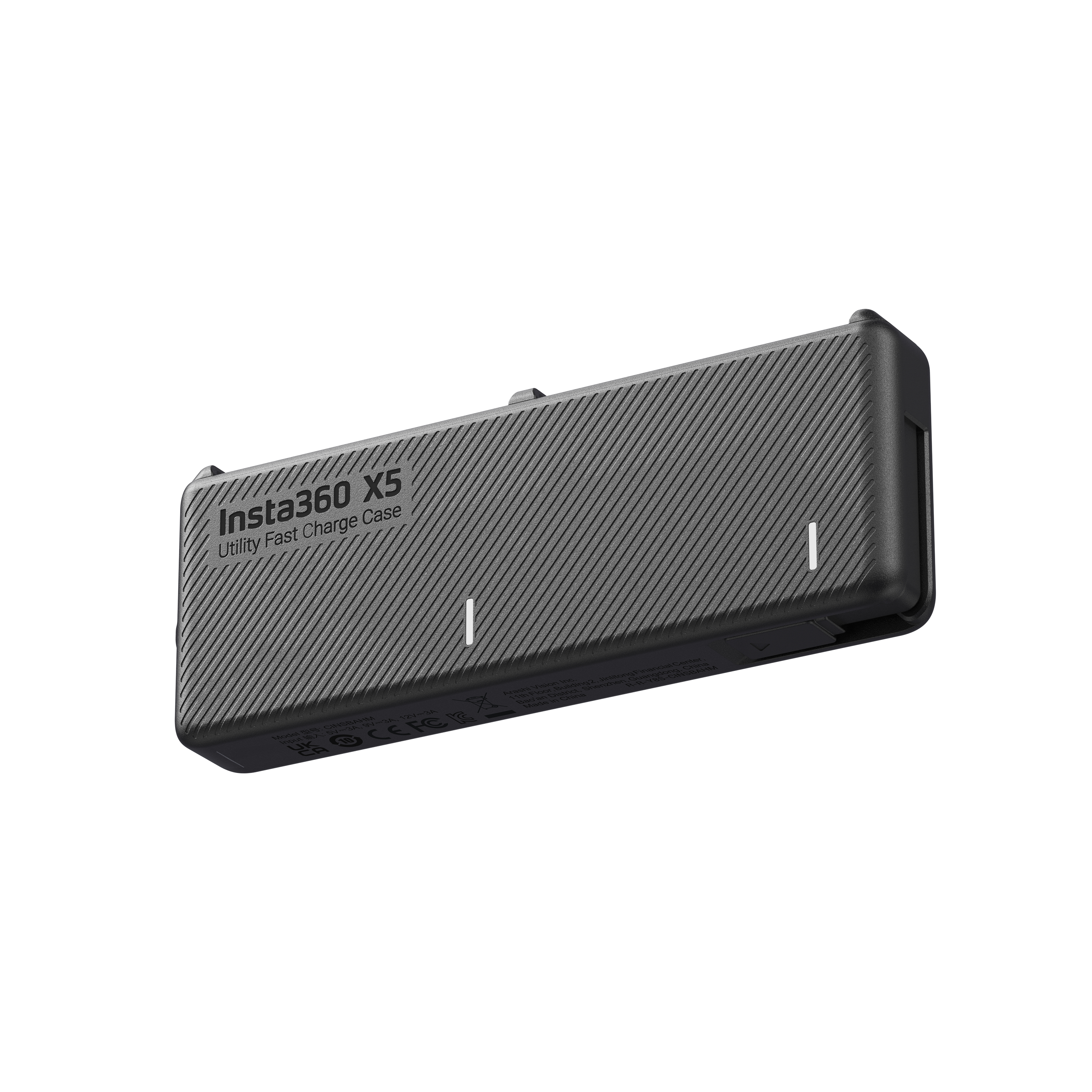 Ein dunkelgraues Insta360 X5 Utility Fast Charge Case wird auf weißem Hintergrund gezeigt.