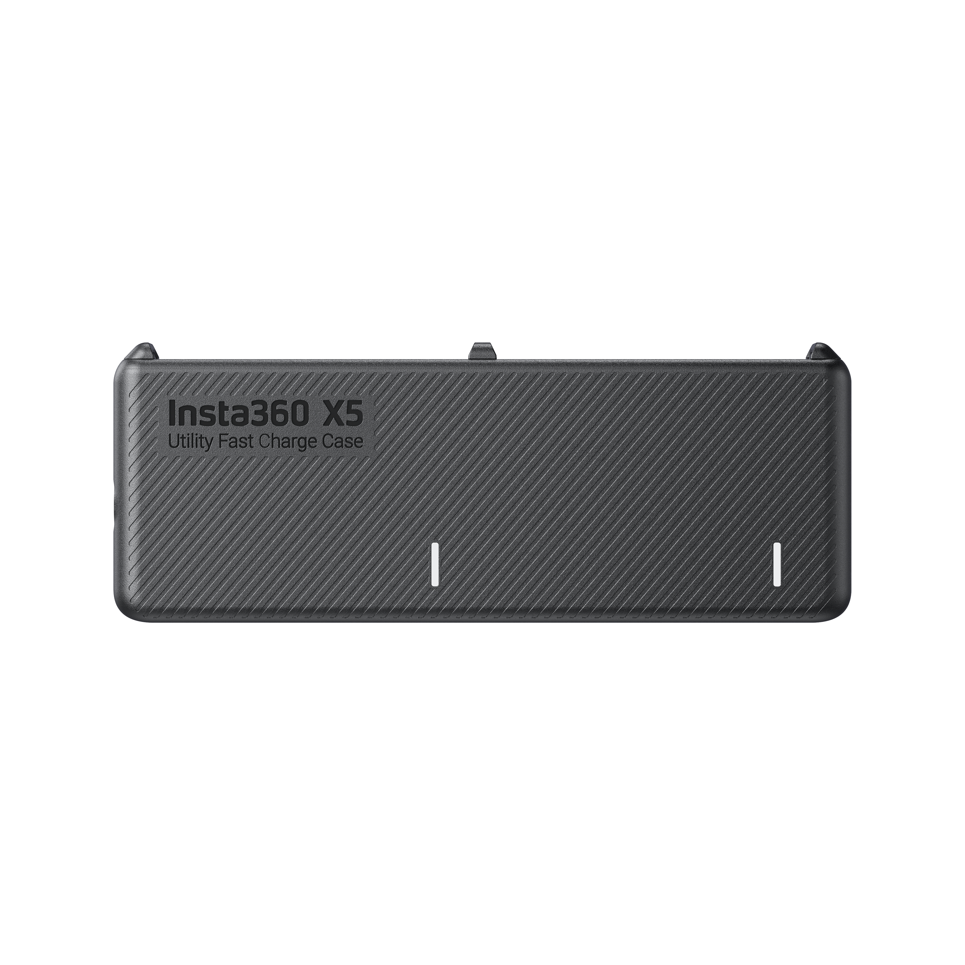 Ein dunkelgraues Insta360 X5 Utility Fast Charge Case. Es hat diagonale Linien und weiße Kontrollleuchten.