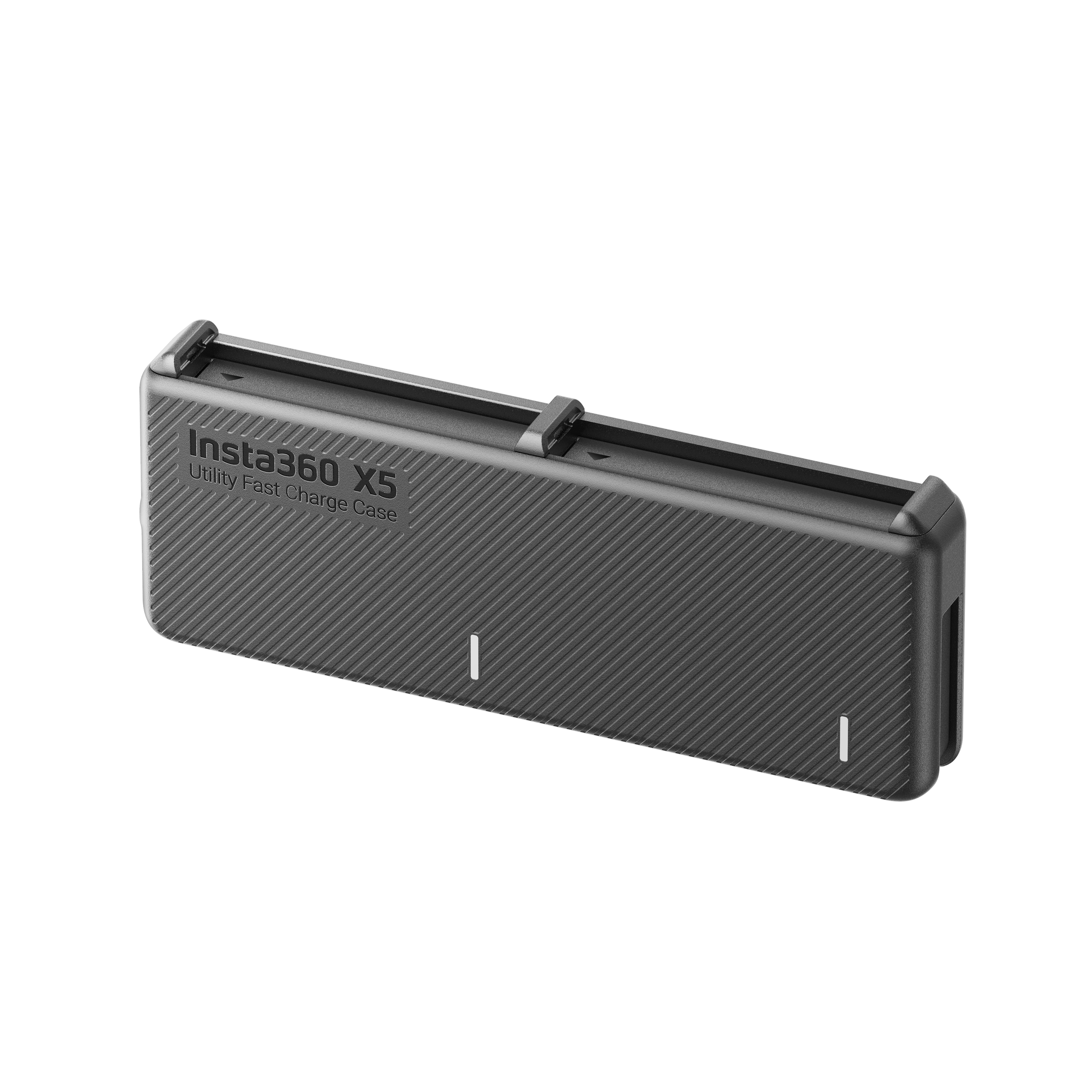 Ein dunkelgraues Insta360 X5 Utility Fast Charge Case. Es hat eine gerippte Textur und weiße Anzeigeleuchten.