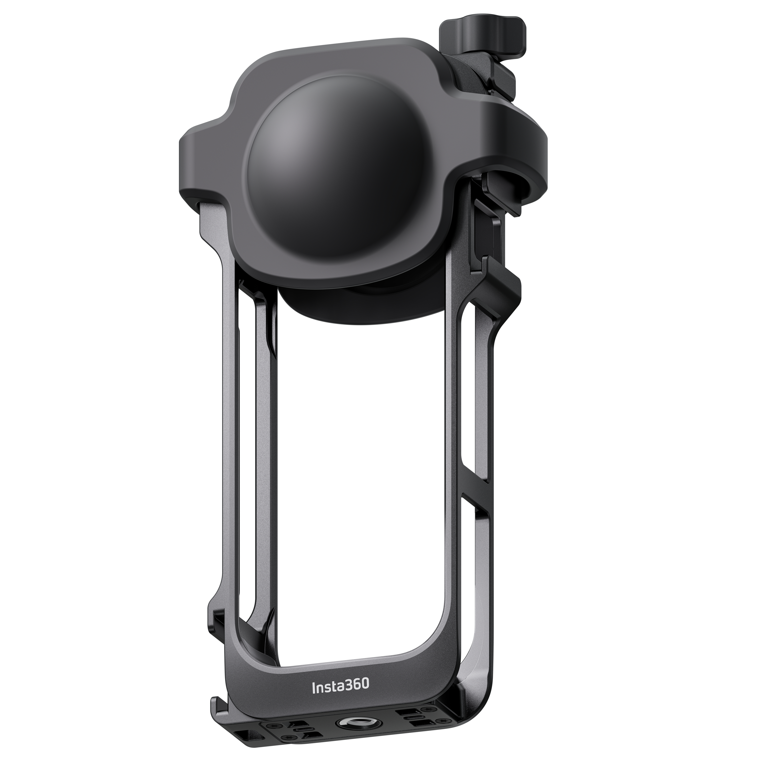 Dunkelgrauer Insta360-Kamerakäfig. Er hat eine abgerundete Oberseite, einen Griff und einen rechteckigen Rahmen. Der Hintergrund ist weiß.