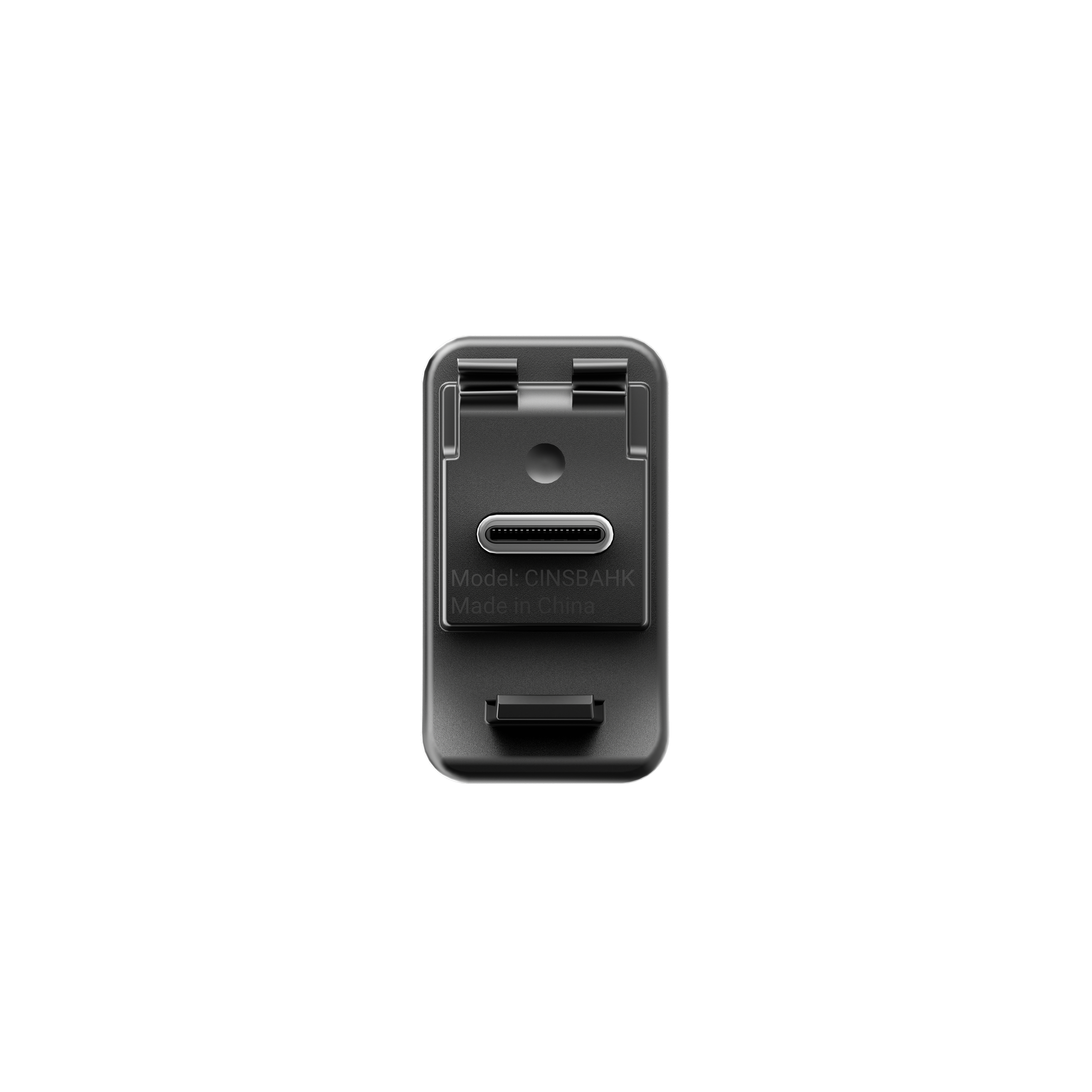 Ein schwarzes rechteckiges Gerät mit USB-C-Anschluss und Clips auf weißem Hintergrund. Text: Modell CINSBAHK, Made in China.