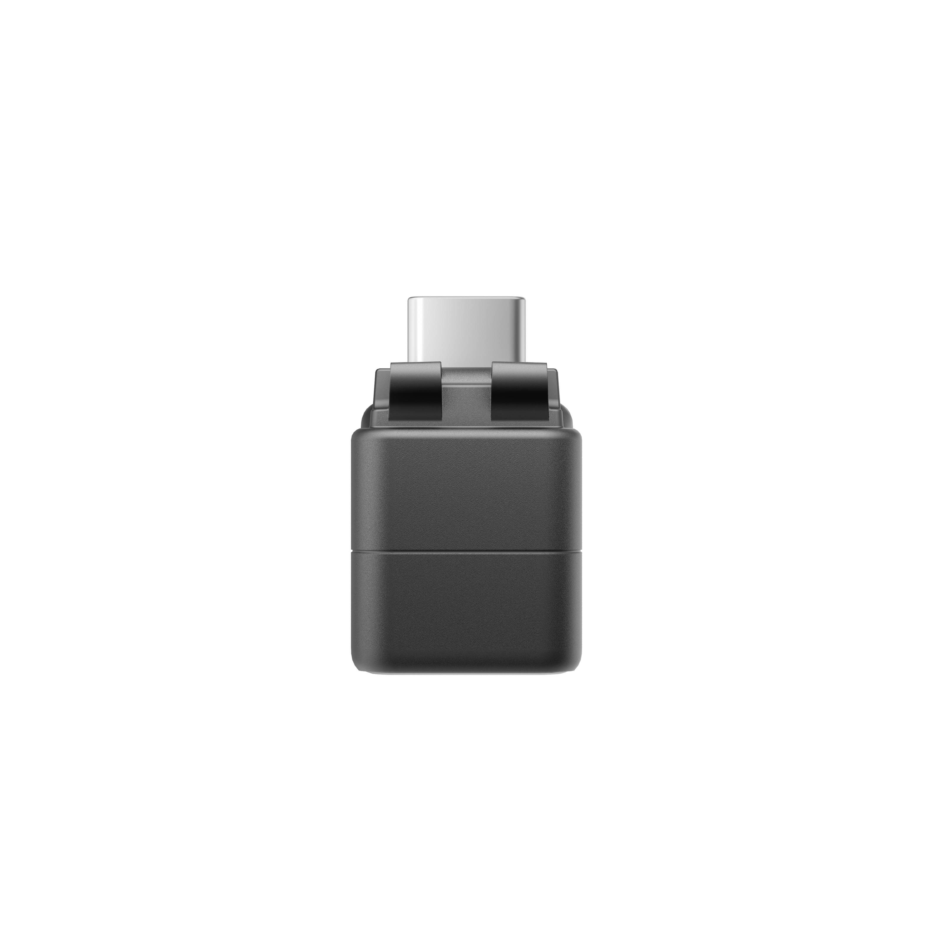 Ein schwarzer Adapter mit einem USB-C-Anschluss auf weißem Hintergrund.