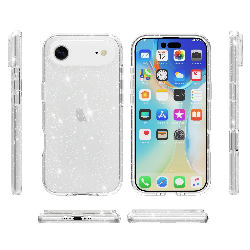 iPhone csillogó, átlátszó tokban. A képernyő alkalmazásikonokat jelenít meg. A telefon több szögből látható, beleértve az oldalait is.