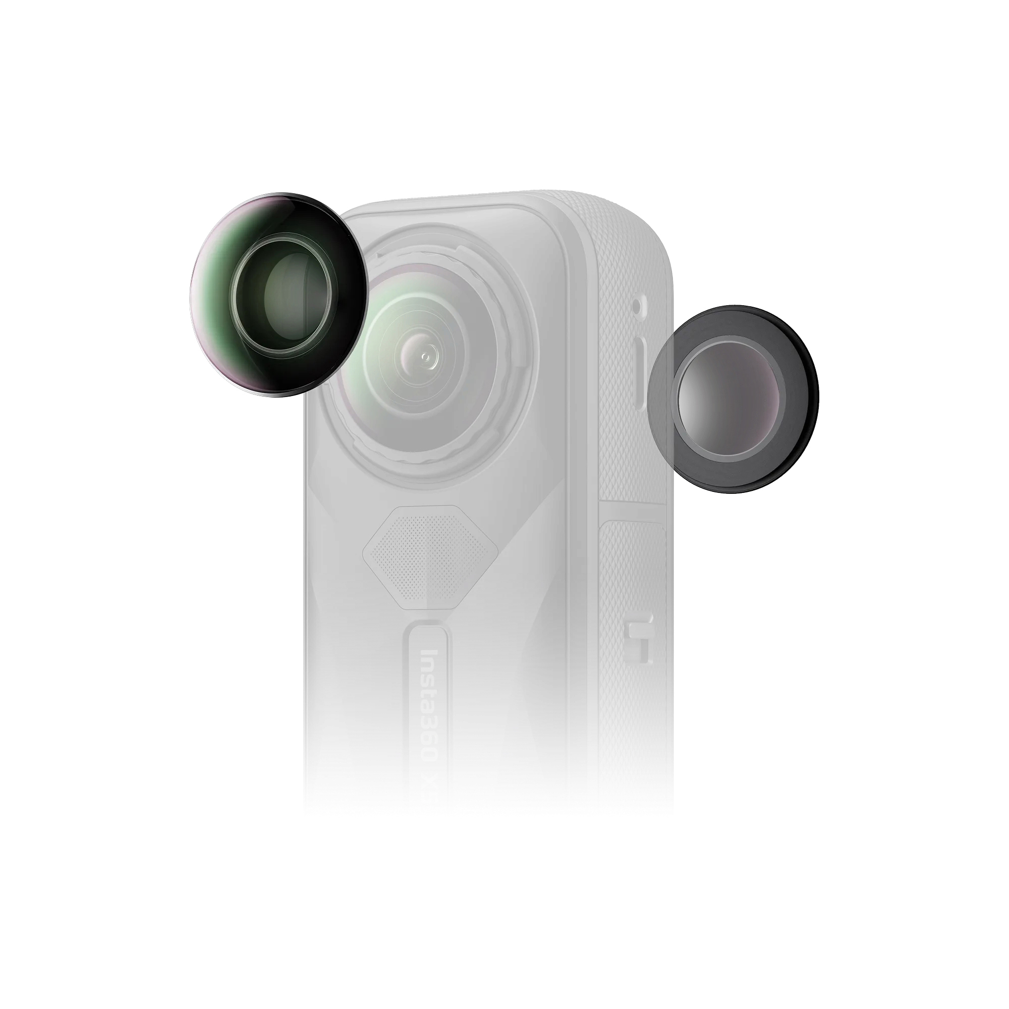 Eine Insta360-Kamera mit zwei abgenommenen Objektiven. Jedes Objektiv ist schwarz mit einer kreisförmigen Linse.