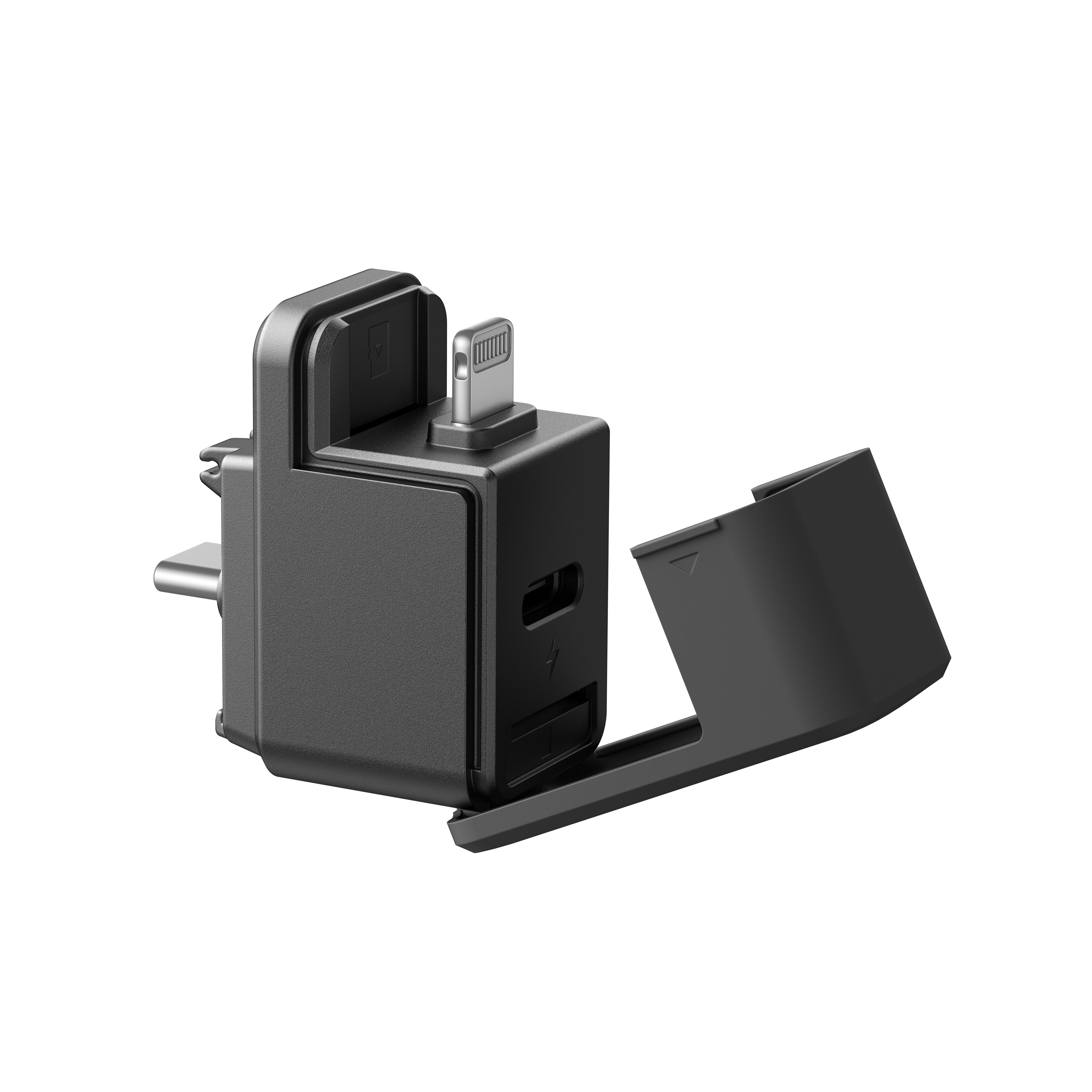 Schwarzer Netzadapter mit Lightning-Anschluss und Klappdeckel, isoliert auf weißem Hintergrund.