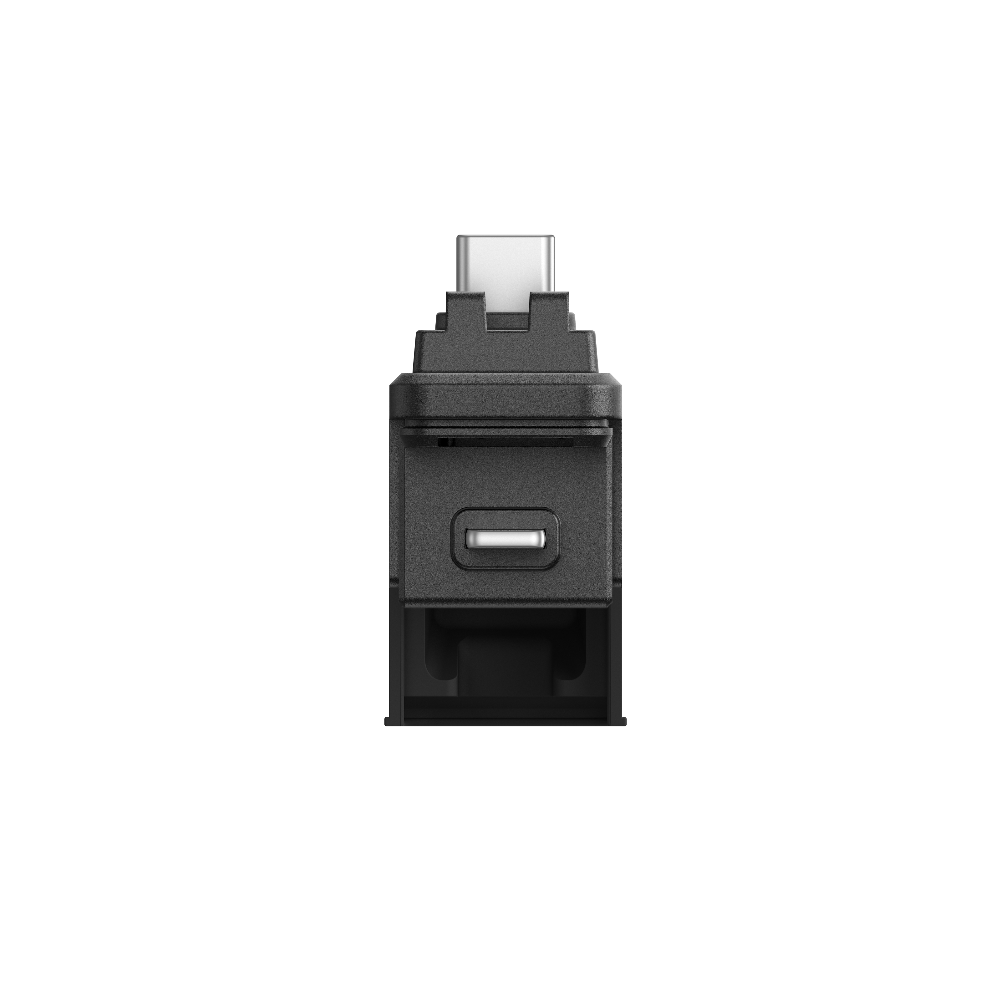 Ein schwarzer USB-C-Adapter mit silbernem USB-Anschluss vor weißem Hintergrund. Der Adapter ist aufrecht.