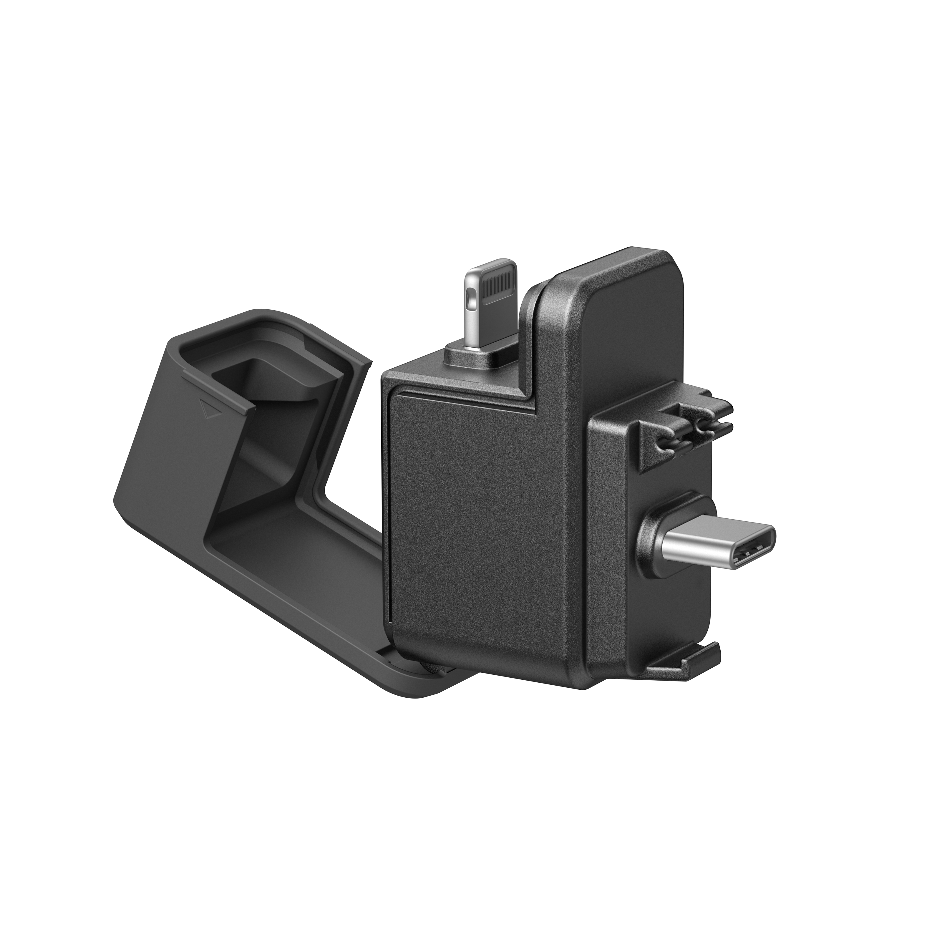 Ein schwarzer Multiport-Adapter für elektronische Geräte. Verfügt über mehrere Anschlüsse und ein Gehäuse. Isoliert auf weißem Hintergrund.