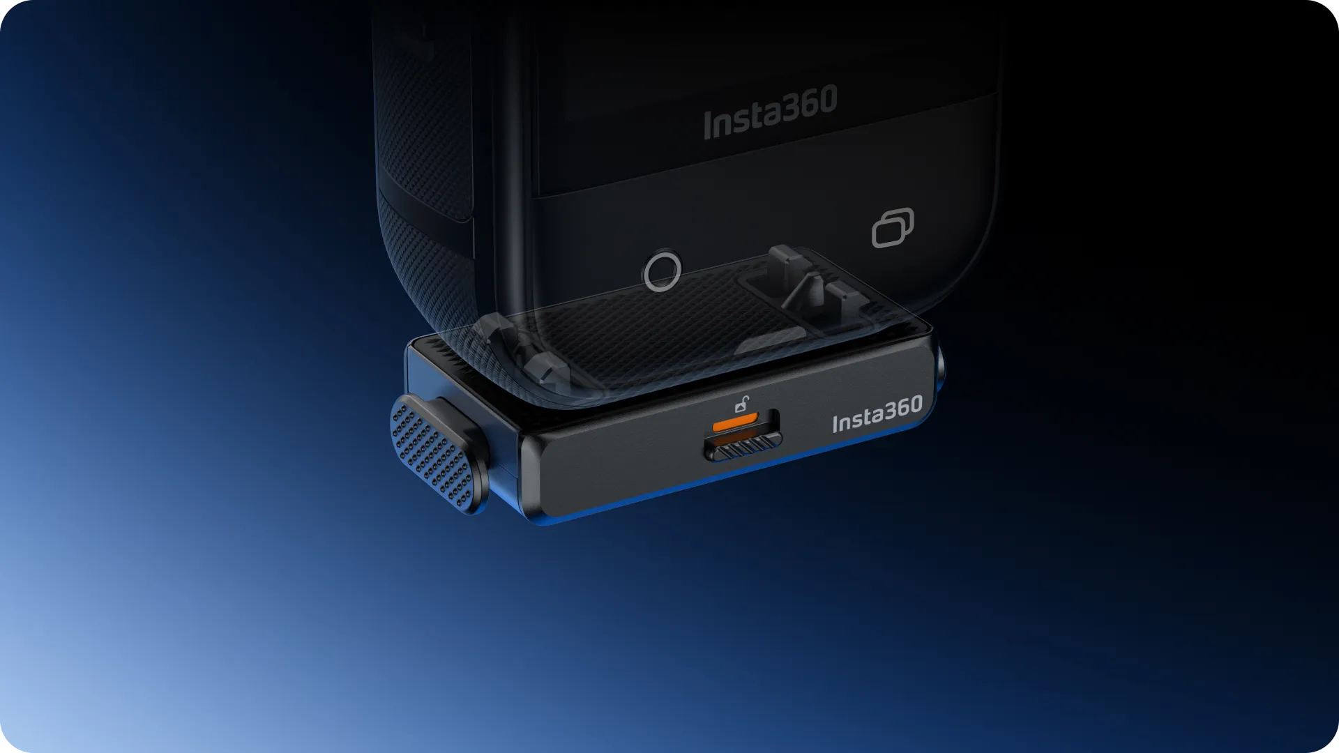 Ein schwarzes Insta360-Gerät mit befestigter Basis. Das Gerät hat einen Verriegelungsschalter, das Insta360-Logo ist sichtbar.