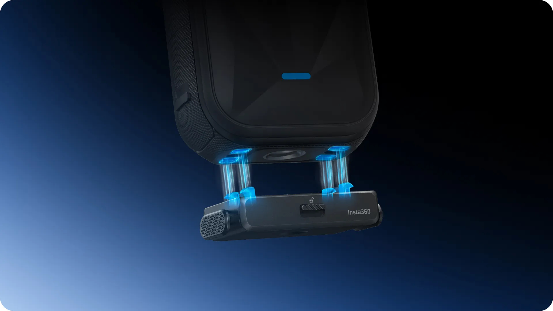 Schwarzes Insta360-Kameragerät mit blauen Lichtern auf dunklem blauem Gradientenhintergrund. Details umfassen einen Steuerungsschieber und das Insta360-Logo.