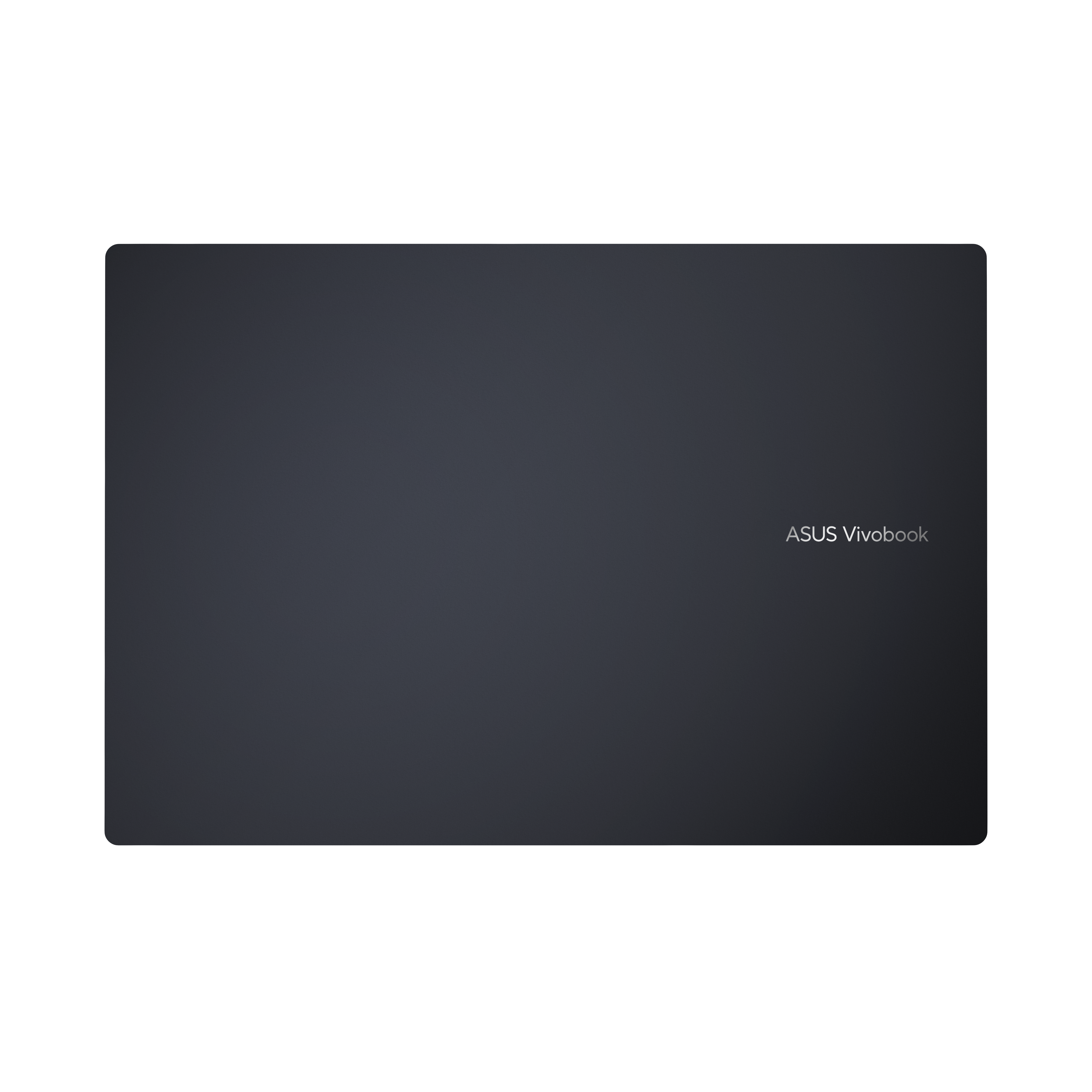 Donkergrijze laptopdeksel met ASUS Vivobook-logo rechts. De achtergrond is wit.