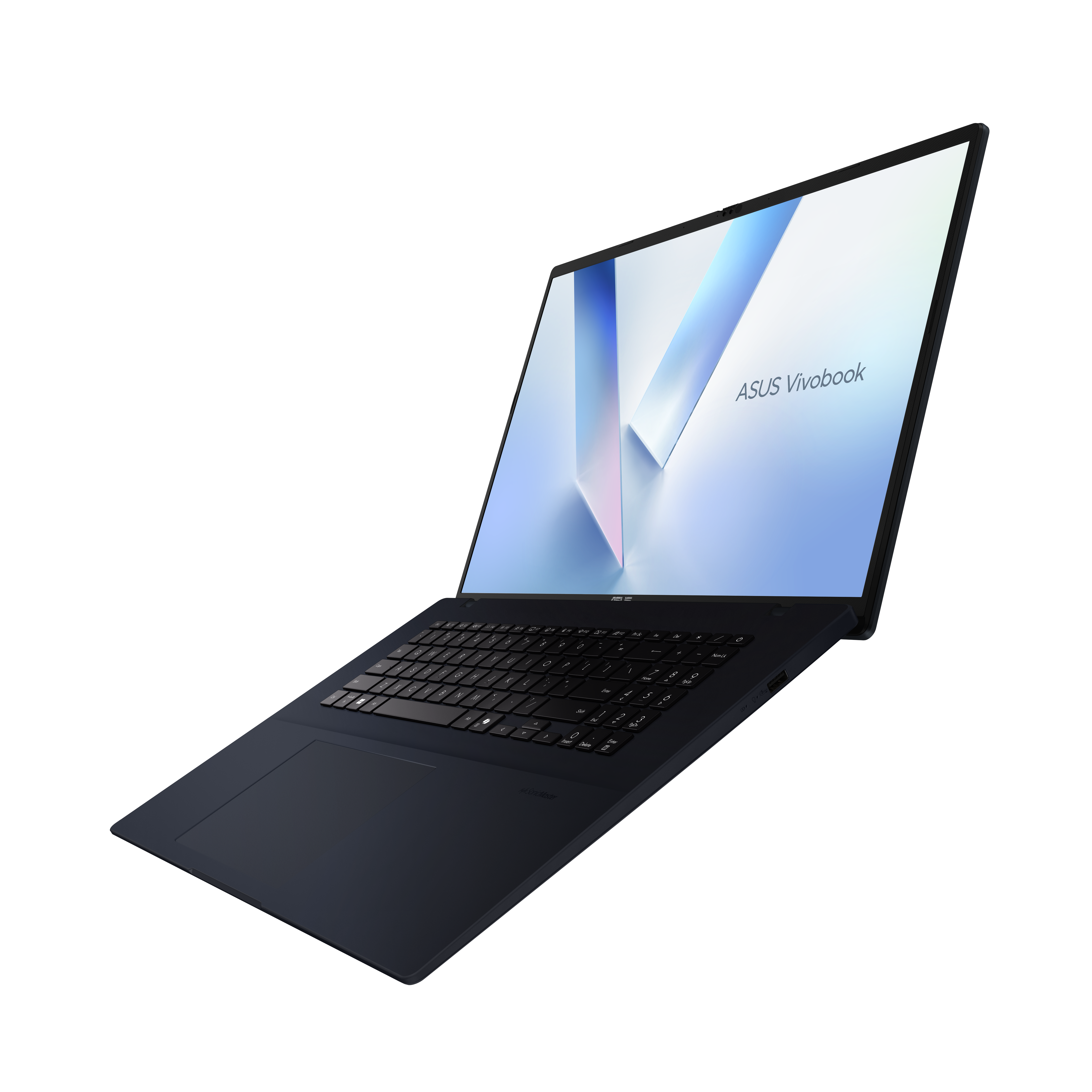 Een donkerblauwe ASUS Vivobook laptop wordt in een hoek getoond. Het scherm toont een lichtblauw en wit abstract ontwerp.