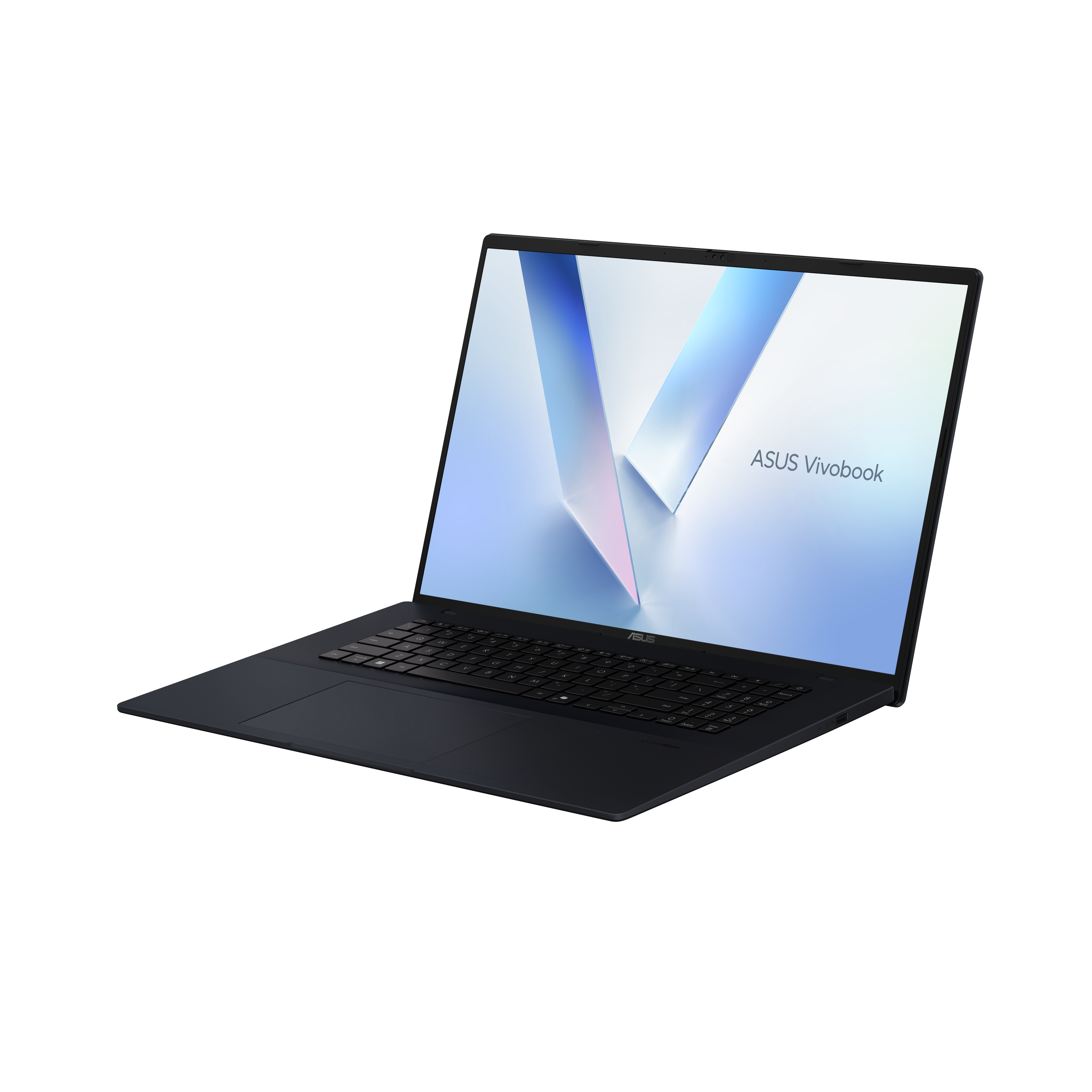 Een zwarte ASUS Vivobook-laptop wordt schuin getoond, met een abstract ontwerp en merknaam op het scherm.