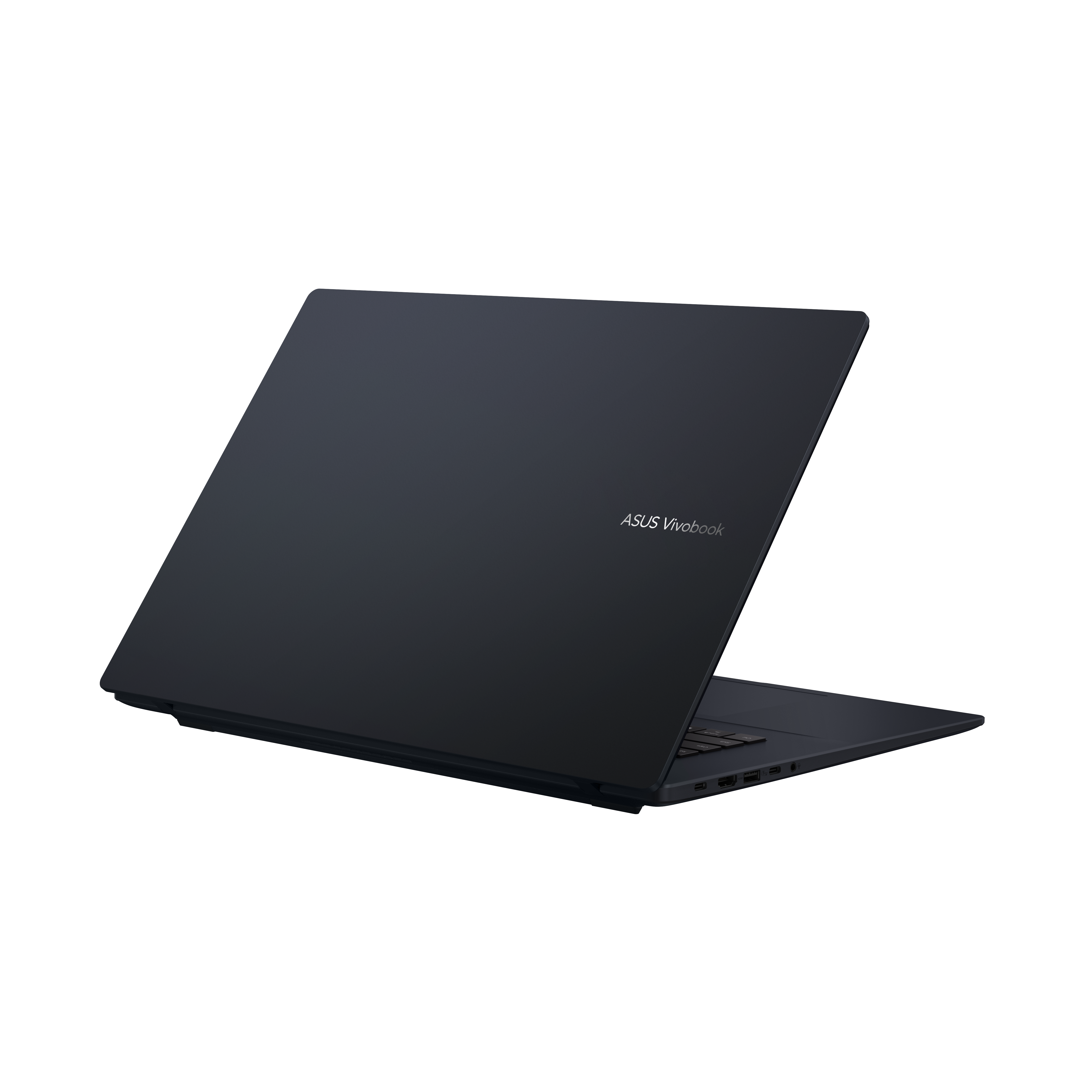 Een donkergekleurde ASUS Vivobook laptop staat iets open. De bovenkant is zichtbaar, met de merknaam erop.