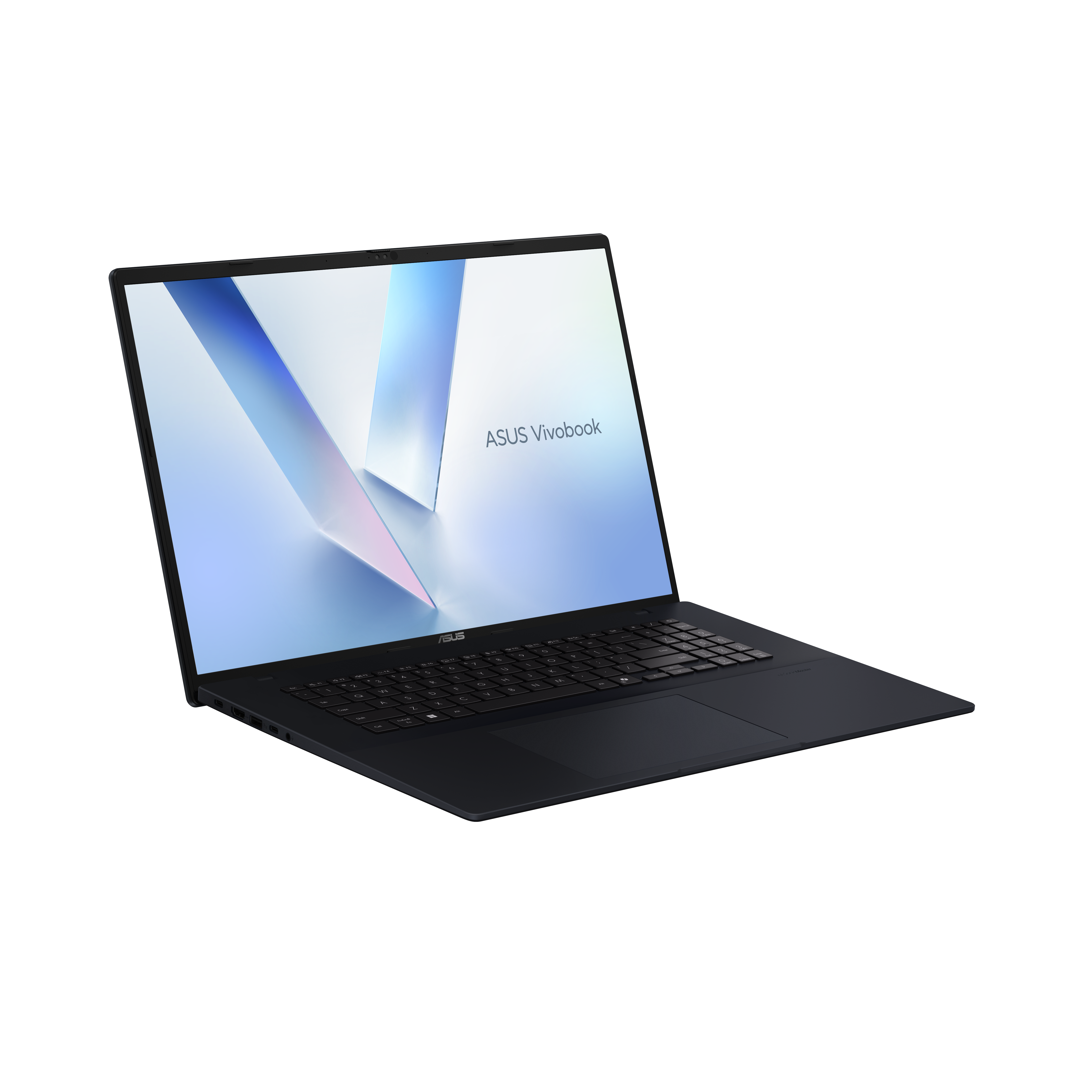 Een zwarte ASUS Vivobook-laptop is open. Het scherm toont een lichtblauw en wit abstract ontwerp.