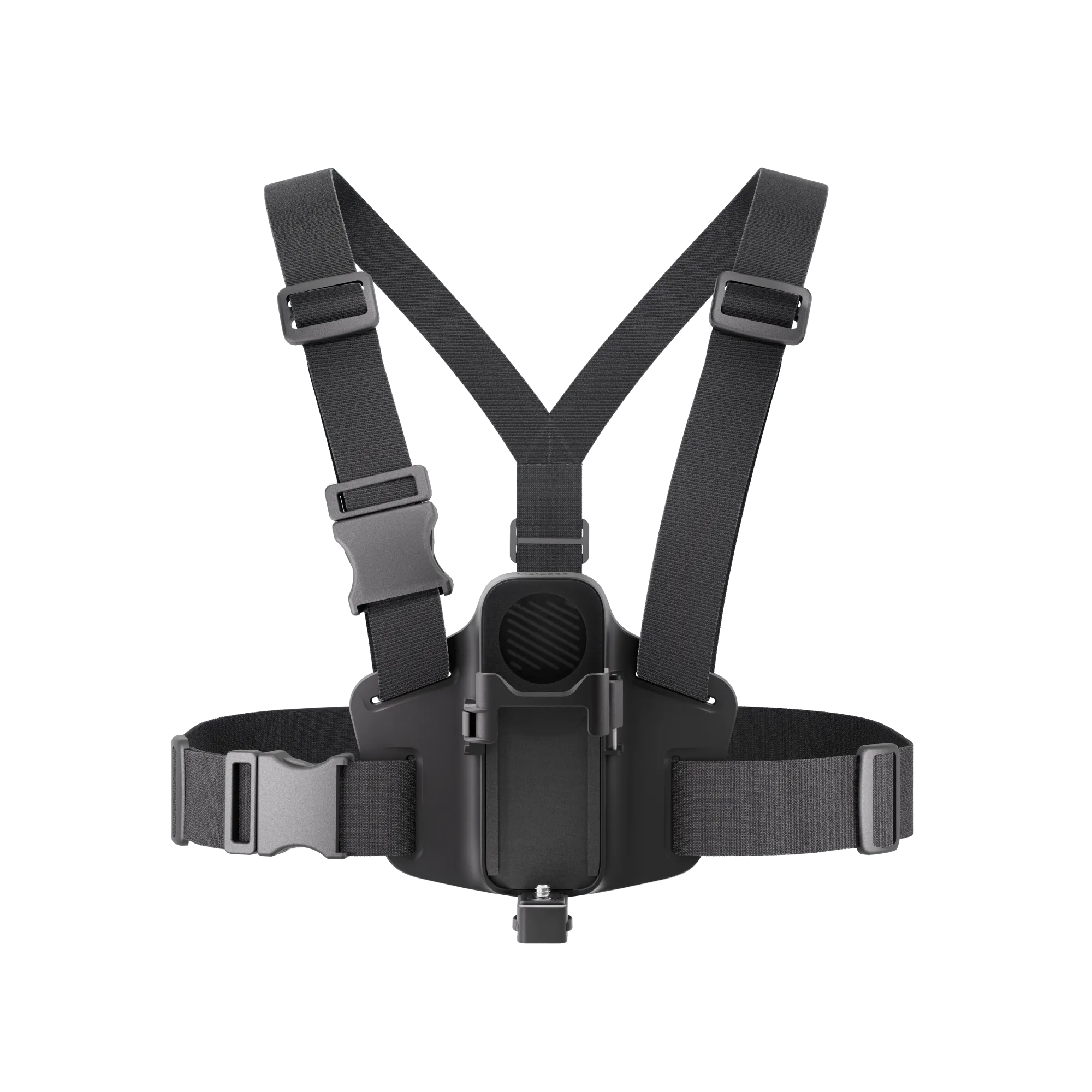 Schwarze Brusthalterung für eine Kamera. Sie verfügt über verstellbare Riemen, Schnallen und eine zentrale Halterung.