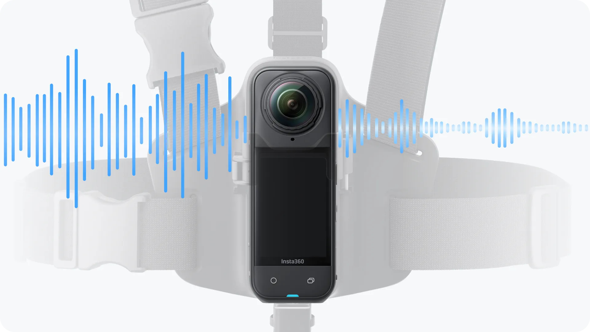 Eine 360-Grad-Kamera ist an einem Brustgeschirr befestigt. Blaue Schallwellen gehen von der Kamera aus. Der Hintergrund ist hellgrau.
