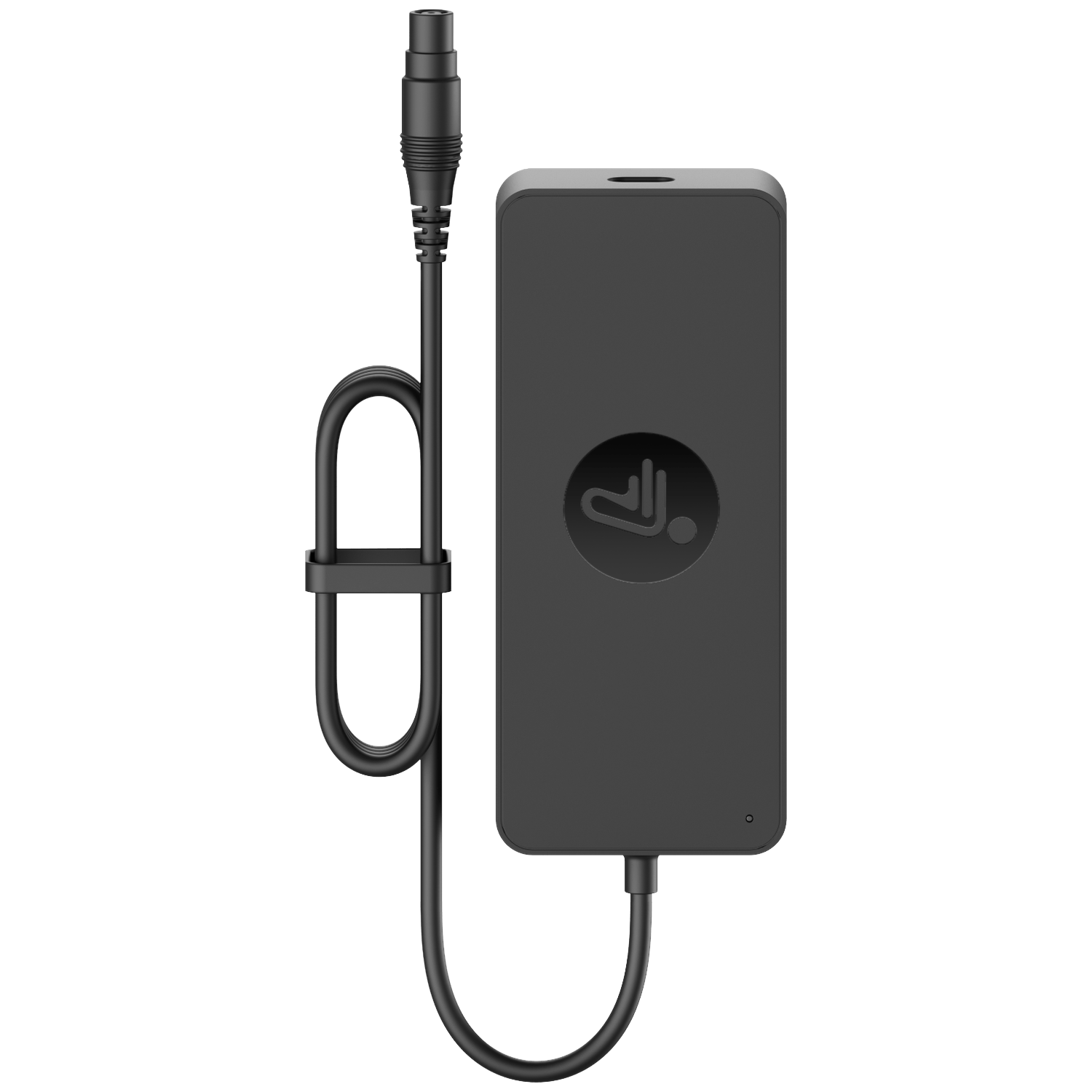 Een zwart apparaat met een kabel en connector. Het apparaat heeft een logo en een klein lampje. De kabel is gelust.