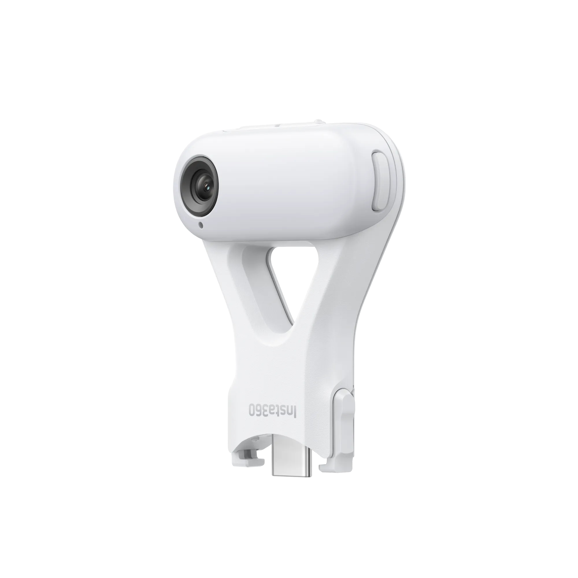 Eine weiße Insta360-Kamera. Sie hat ein Objektiv und einen USB-C-Anschluss. Das Insta360-Logo ist sichtbar.