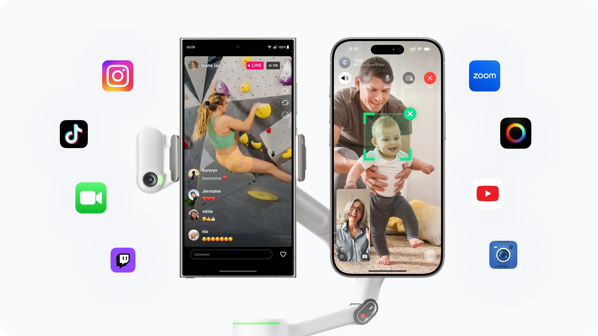 Zwei Smartphones zeigen Live-Streams und Videoanrufe. Apps wie Instagram, TikTok, Zoom und andere sind sichtbar. Eine Kamera befindet sich in der Mitte.