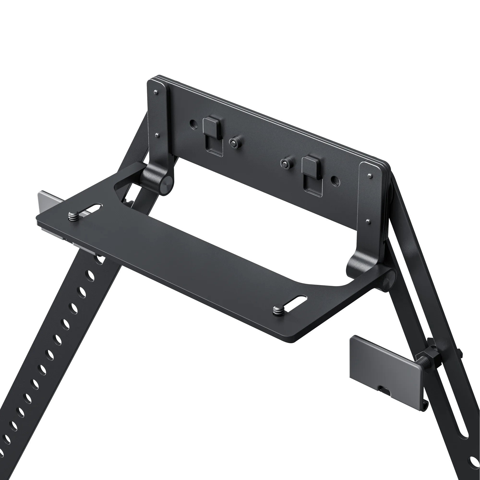 Eine schwarze Metallhalterung mit mehreren abgewinkelten Armen und einem horizontalen Regal. Es hat Einstellschlitze und ist vor weißem Hintergrund.
