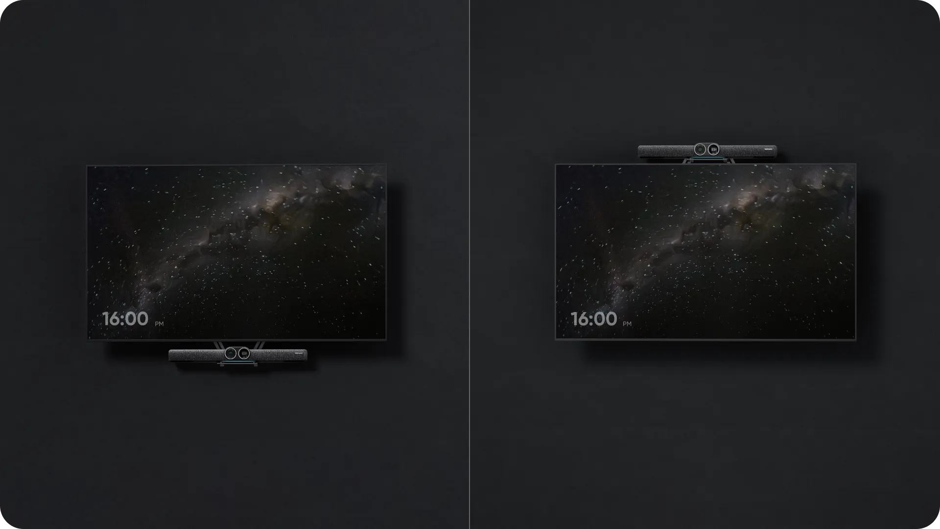 Zwei Bildschirme mit Sternenhimmel, jeweils mit Gerät oben oder unten. Die Uhrzeit ist 16:00 Uhr.