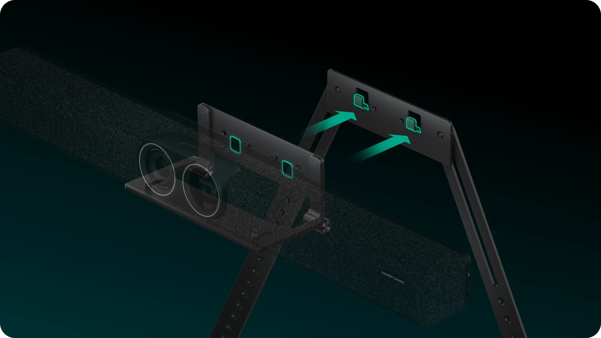 Montagediagramm eines schwarzen Insta360 Connect-Geräts. Zwei schwarze Halterungen werden mit grünen Pfeilen befestigt.