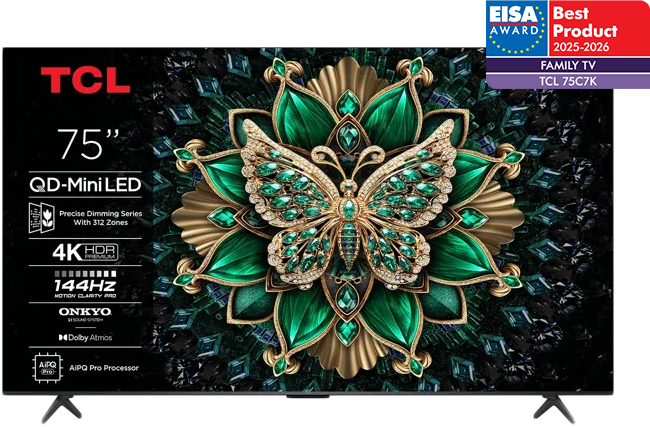 TCL 75C6K QD-Miniled 144Hz Google TV, Onkyo Dolby Atmos 2.1, 190 cm