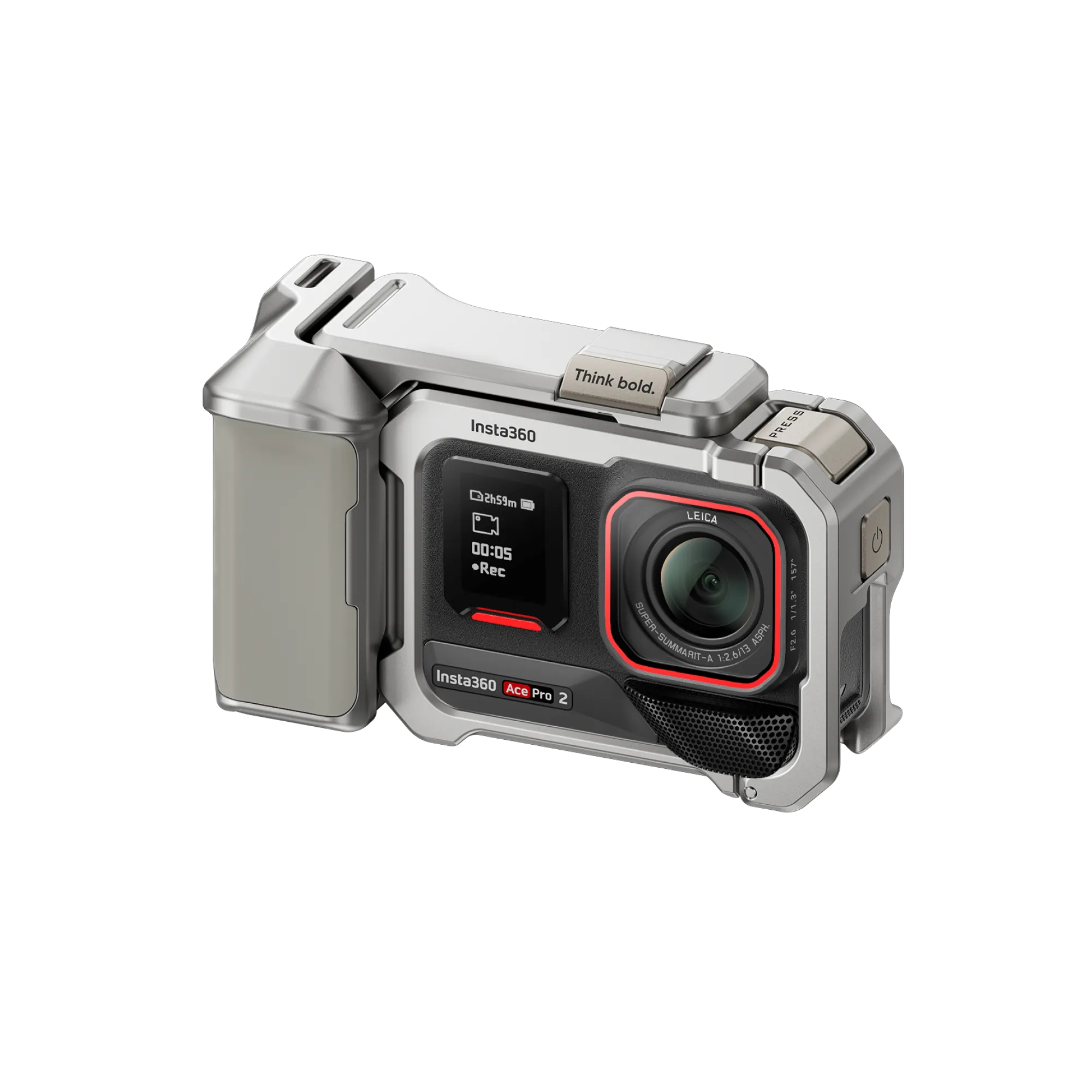 Eine silberne Insta360 Ace Pro 2 Kamera. Sie hat einen Bildschirm, ein LEICA-Objektiv und eine rote Aufnahmeanzeige.
