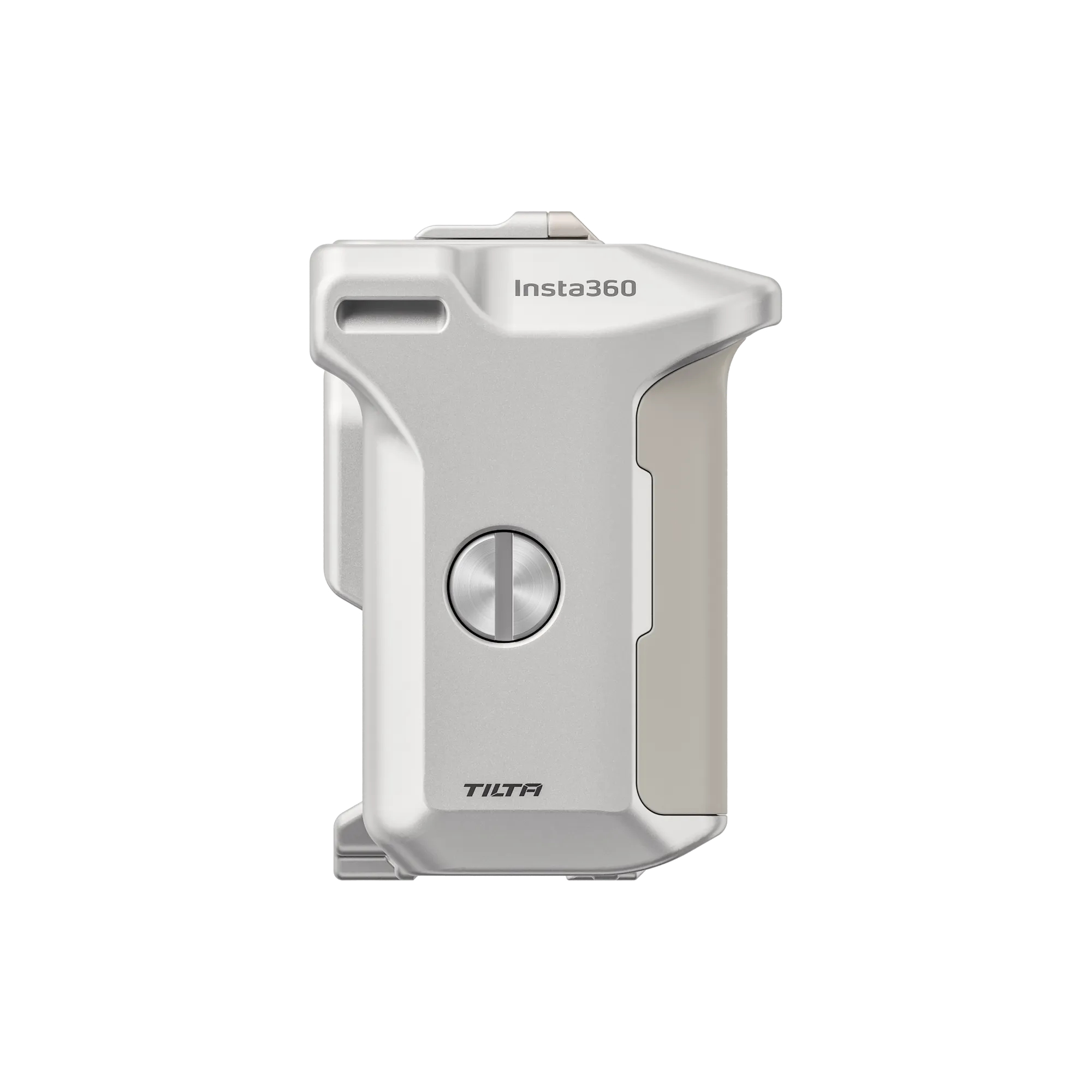 Ein silbernes Insta360-Kamera-Zubehör. Es hat einen Knopf und die Logos Tilta und Insta360. Es ist auf weißem Hintergrund.