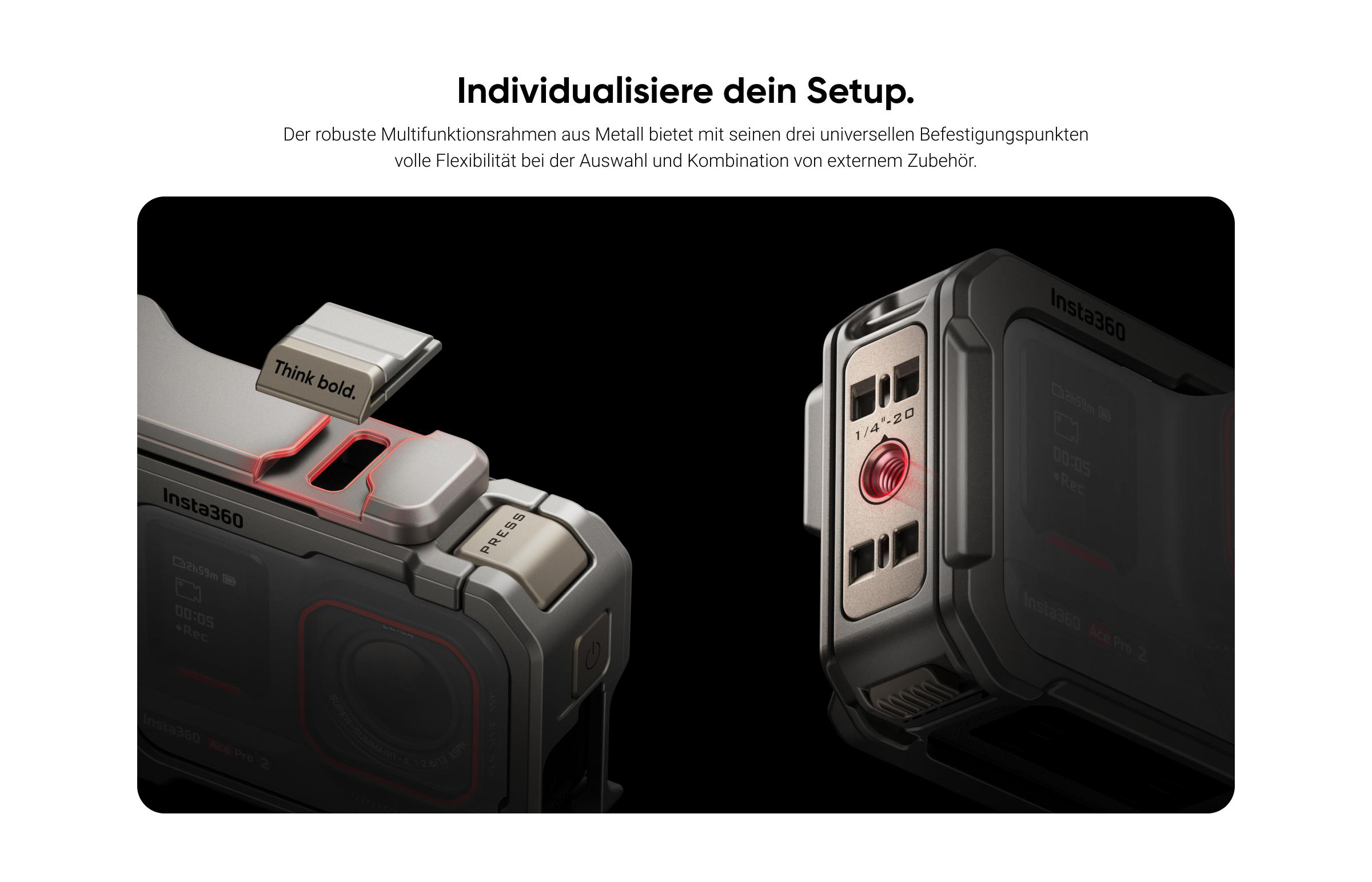 Nahaufnahme der Insta360-Kamera. Merkmale sind ein roter Knopf, Bildschirm und die Worte 'Think bold'. Grau- und Schwarztöne dominieren.