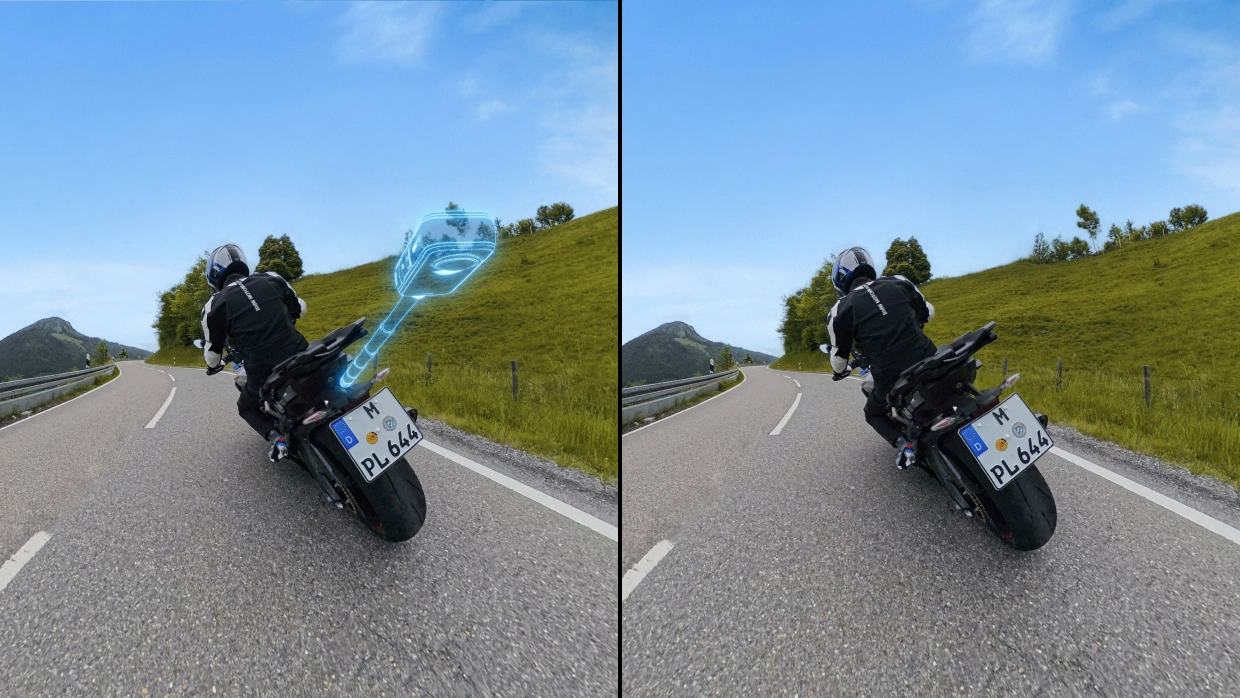 Ein Motorradfahrer fährt auf einer kurvenreichen Straße. Blauer Himmel und grüne Hügel im Hintergrund. Ein digitales Display schwebt über dem Motorrad.