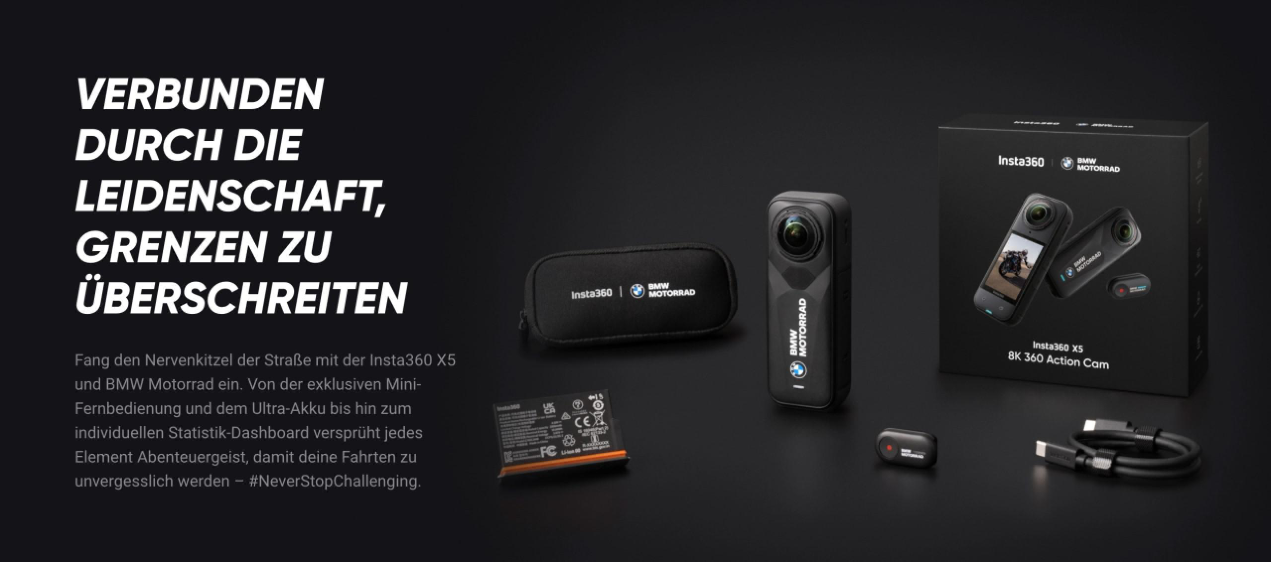 Schwarzer Hintergrund mit Insta360-Kameraprodukten, darunter eine Kamera, eine Box, eine Batterie und Zubehör. Text: Verbunden durch die Leidenschaft.