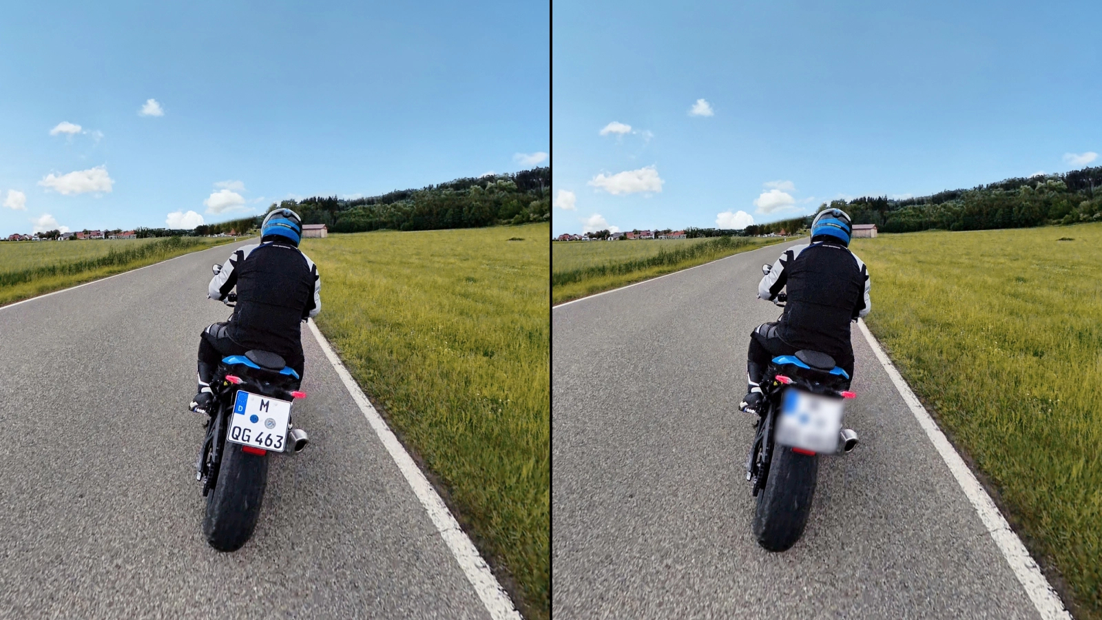 Motorradfahrer auf der Straße, von hinten gesehen. Blauer Himmel mit Wolken im Hintergrund, grüne Felder auf beiden Seiten.
