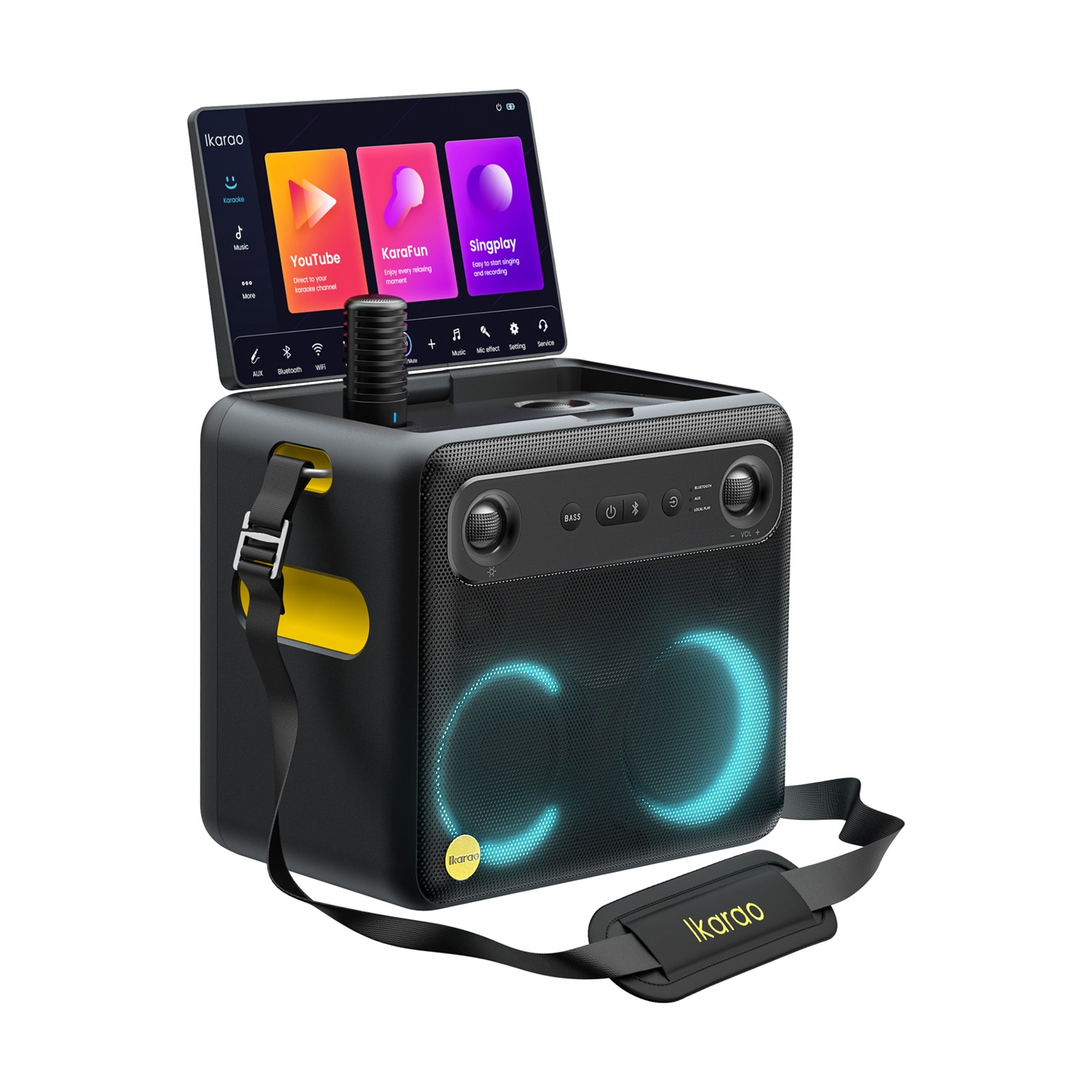 Una macchina per karaoke nera con schermo tablet che mostra app. Ha luci blu e una tracolla.