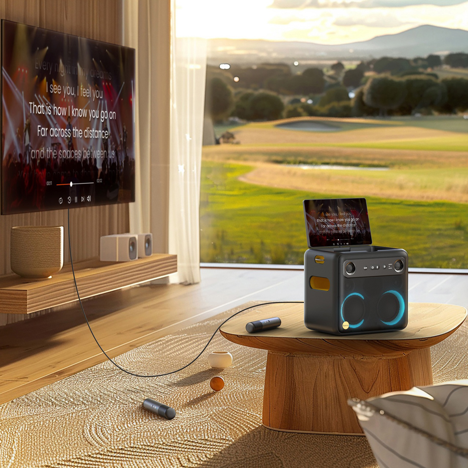 Un'attrezzatura per karaoke con uno schermo TV che mostra i testi, un altoparlante su un tavolo e una vista panoramica.