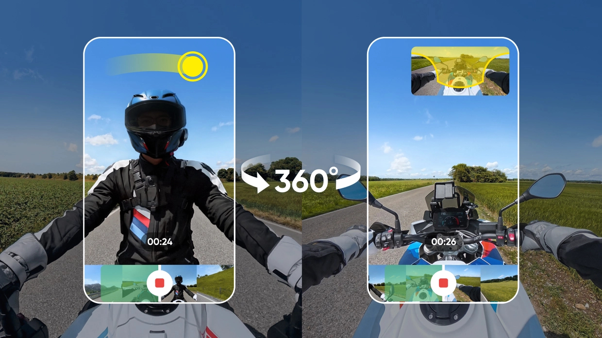 Ein Motorradfahrer mit Helm fährt auf einer Straße mit grünen Feldern auf beiden Seiten. Das Bild zeigt eine 360-Grad-Ansicht.