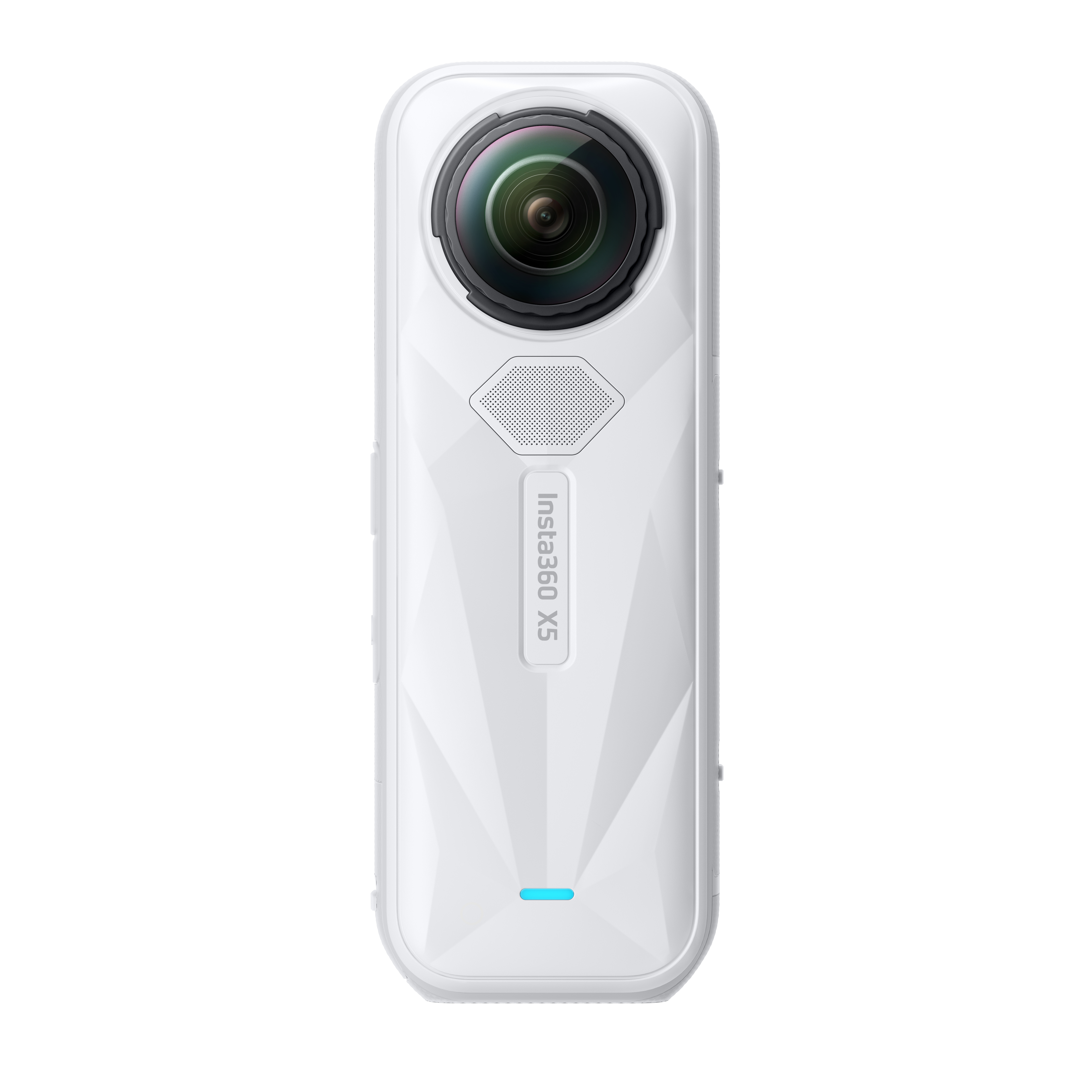 Eine weiße Insta360 X5-Kamera wird gezeigt. Sie hat ein Dual-Objektiv-Design, ein Diamantenmuster und ein blaues Licht.