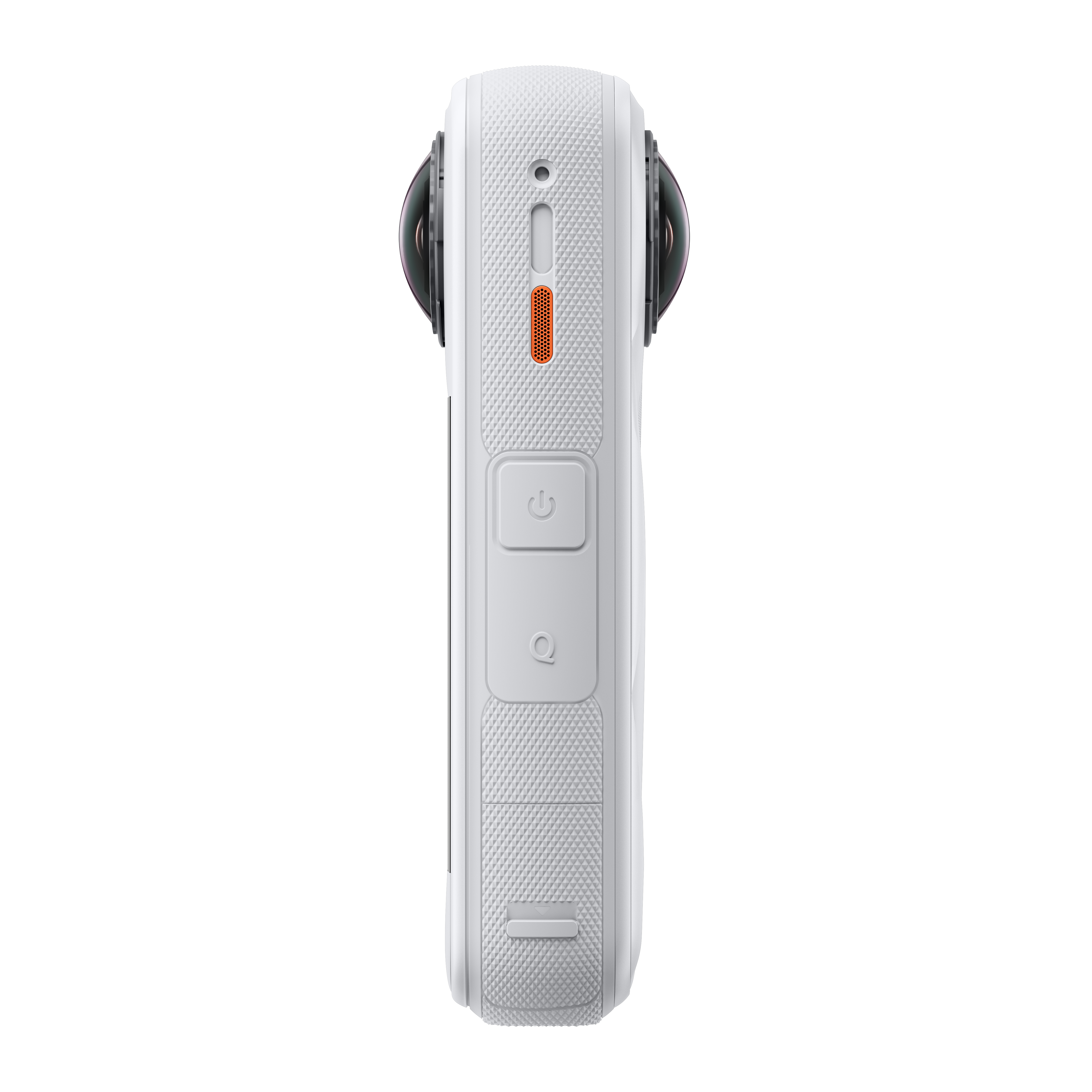 Eine weiße 360-Grad-Kamera. Sie hat zwei Objektive, Ein-/Aus- und Funktionstasten sowie einen orangefarbenen Lautsprechergrill.