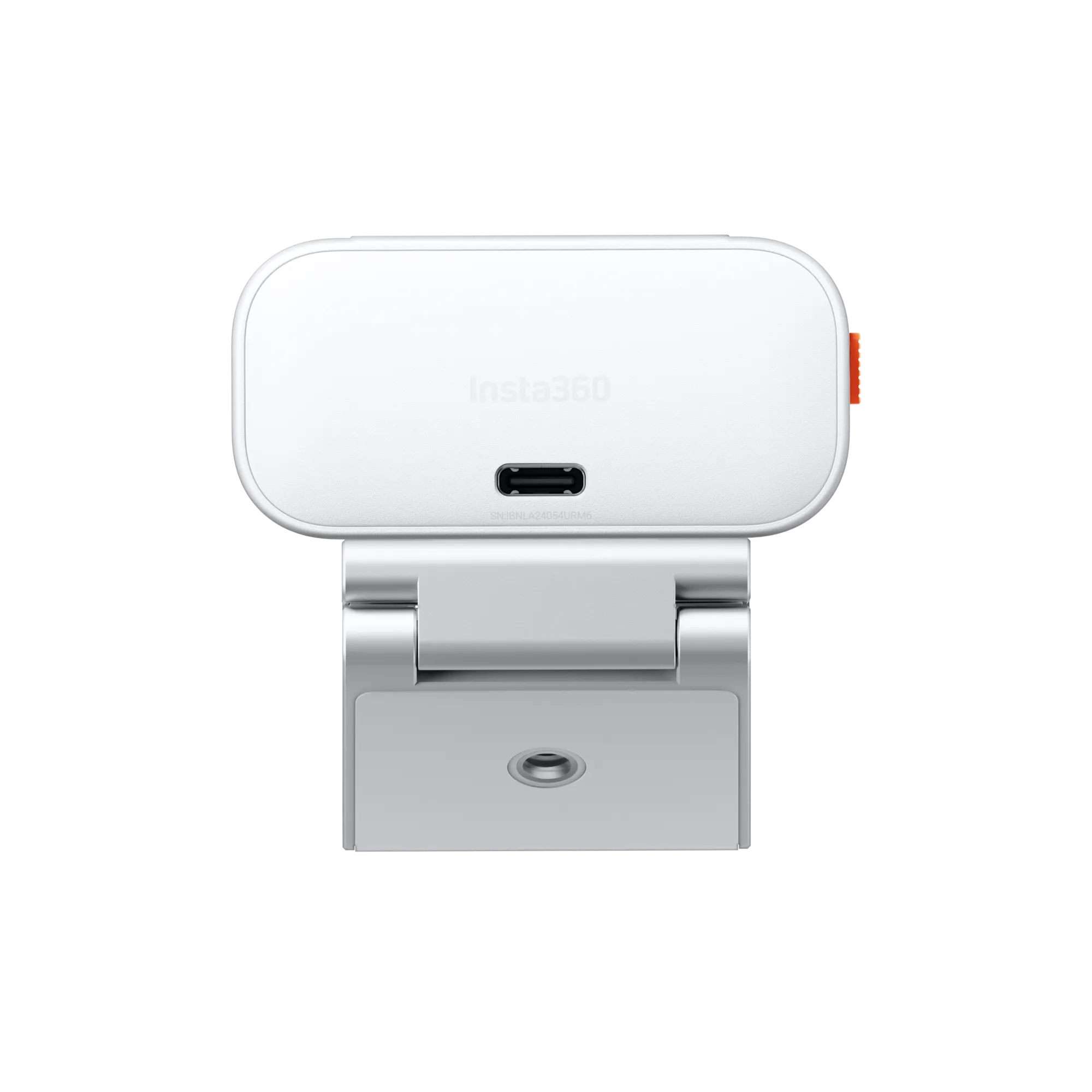 Weiße Insta360-Kamera mit silbernem Ständer. Hat einen USB-Anschluss und orangefarbene Akzente. Isoliert auf weißem Hintergrund.