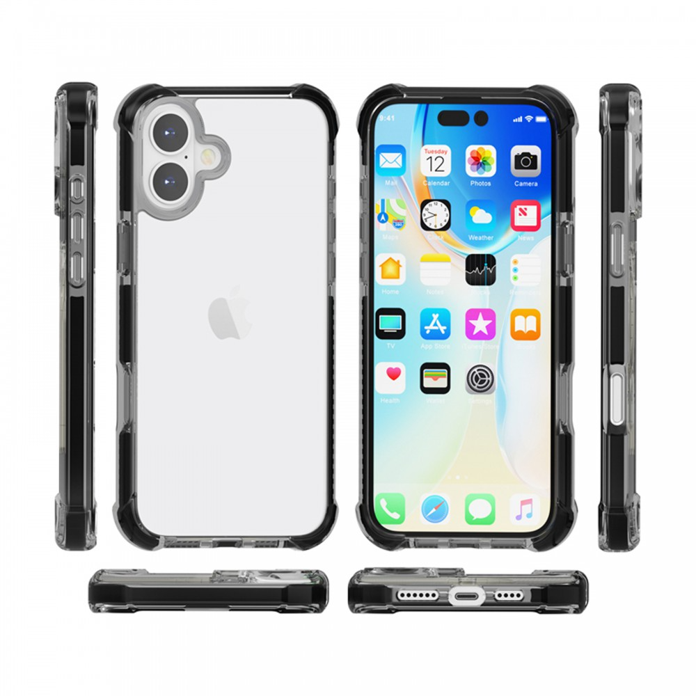 Egy iPhone átlátszó tokban, több szögből bemutatva. A képernyő alkalmazásikonokat jelenít meg.
