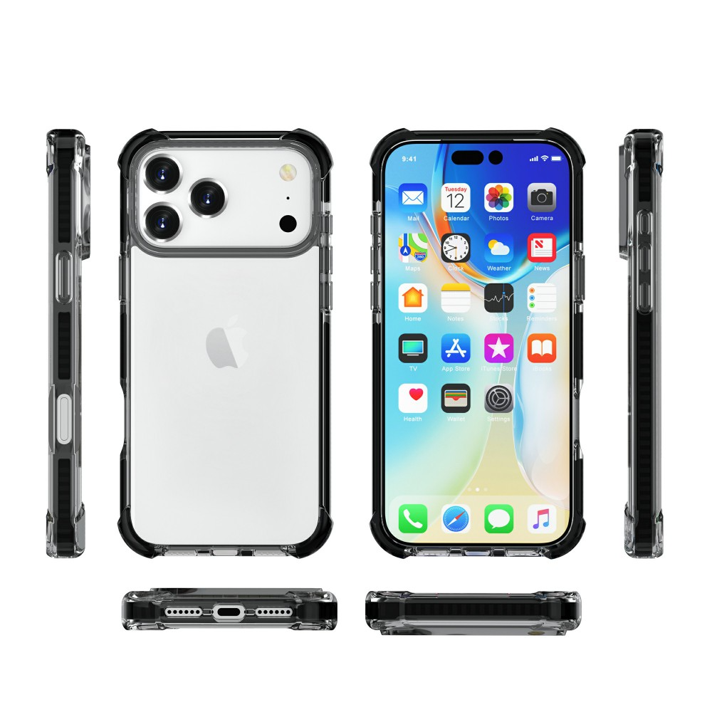Egy iPhone átlátszó védőtokban. A képernyő alkalmazásokat jelenít meg. Több szögből látható az előlap, az oldalak és az alsó rész.