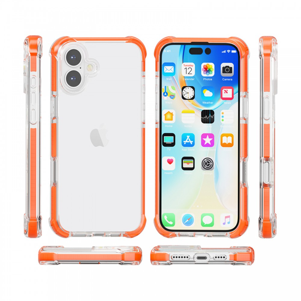 Egy iPhone több nézete egy narancssárga és átlátszó védőtokban, bemutatva az elülső, hátsó, oldalsó és alsó részeit.