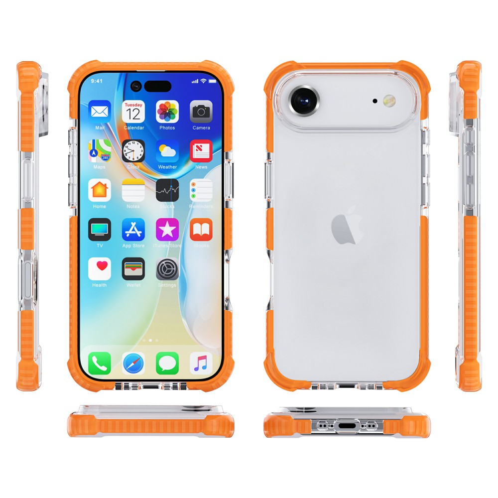 Egy iPhone narancssárga és átlátszó védőtokban, több szögből fehér háttér előtt bemutatva.