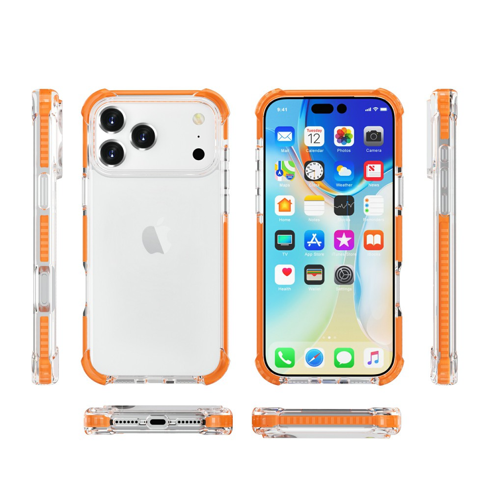 Egy iPhone átlátszó tokkal és narancssárga szegéllyel. A képernyő alkalmazásokat jelenít meg. A telefon több nézete látható.