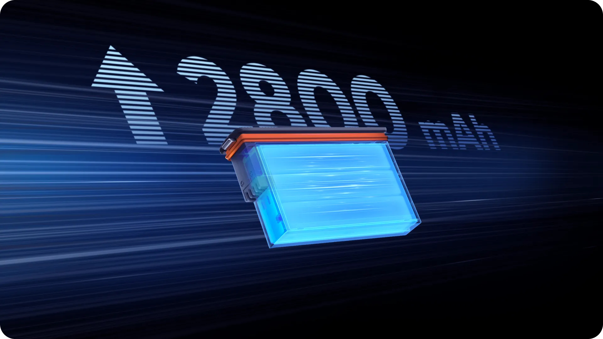 Ein beleuchteter Akku mit 12800 mAh, orangefarbenen und schwarzen Details, auf blauem Farbverlauf mit weißen Linien.
