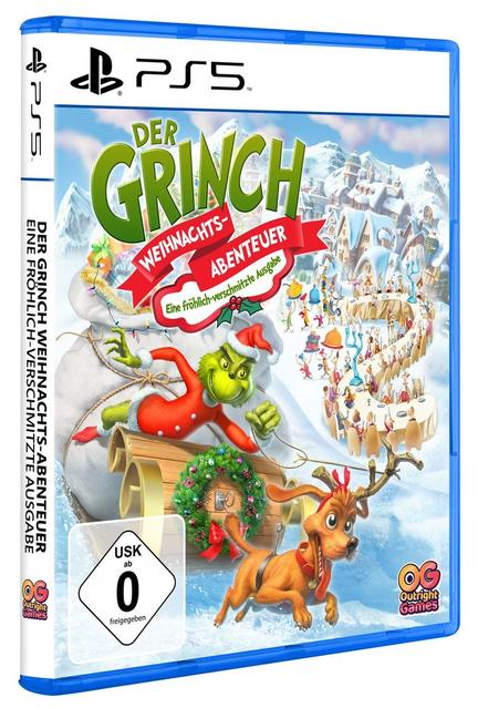 Spielcover mit Grinch und Max. Grinch im roten Anzug. Schnee, Gebäude und Menschen im Hintergrund. PS5-Logo.